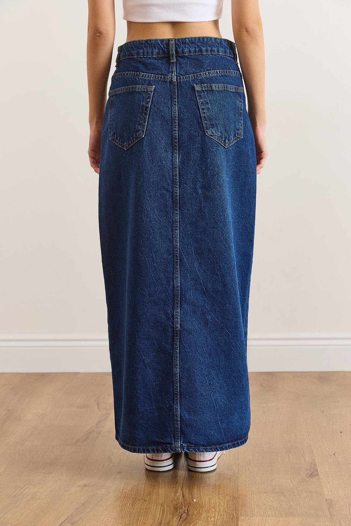 Düğme Detaylı Uzun Denim Etek Koyu Mavi