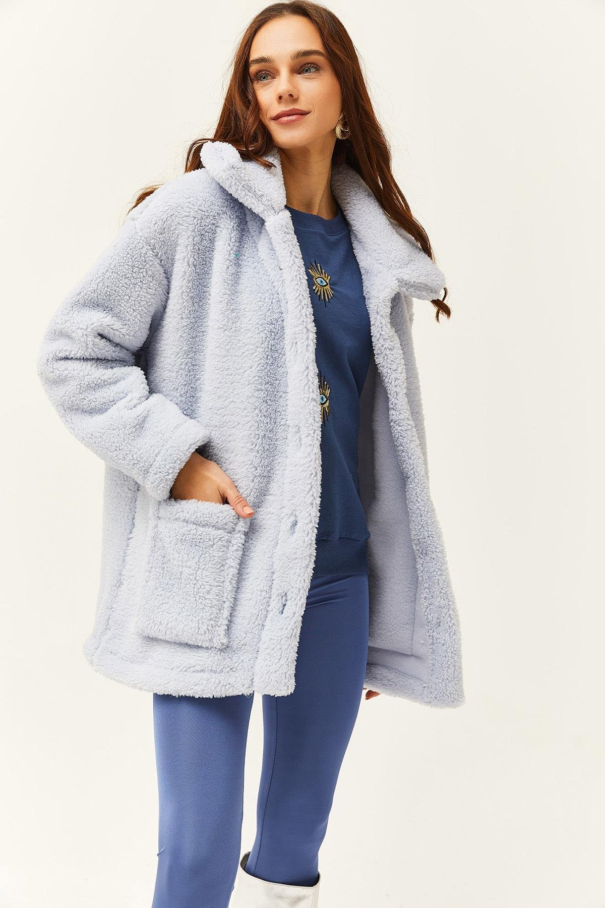 Düğmeli Cepli Astarsız Oversize Peluş Ceket Bebe Mavi