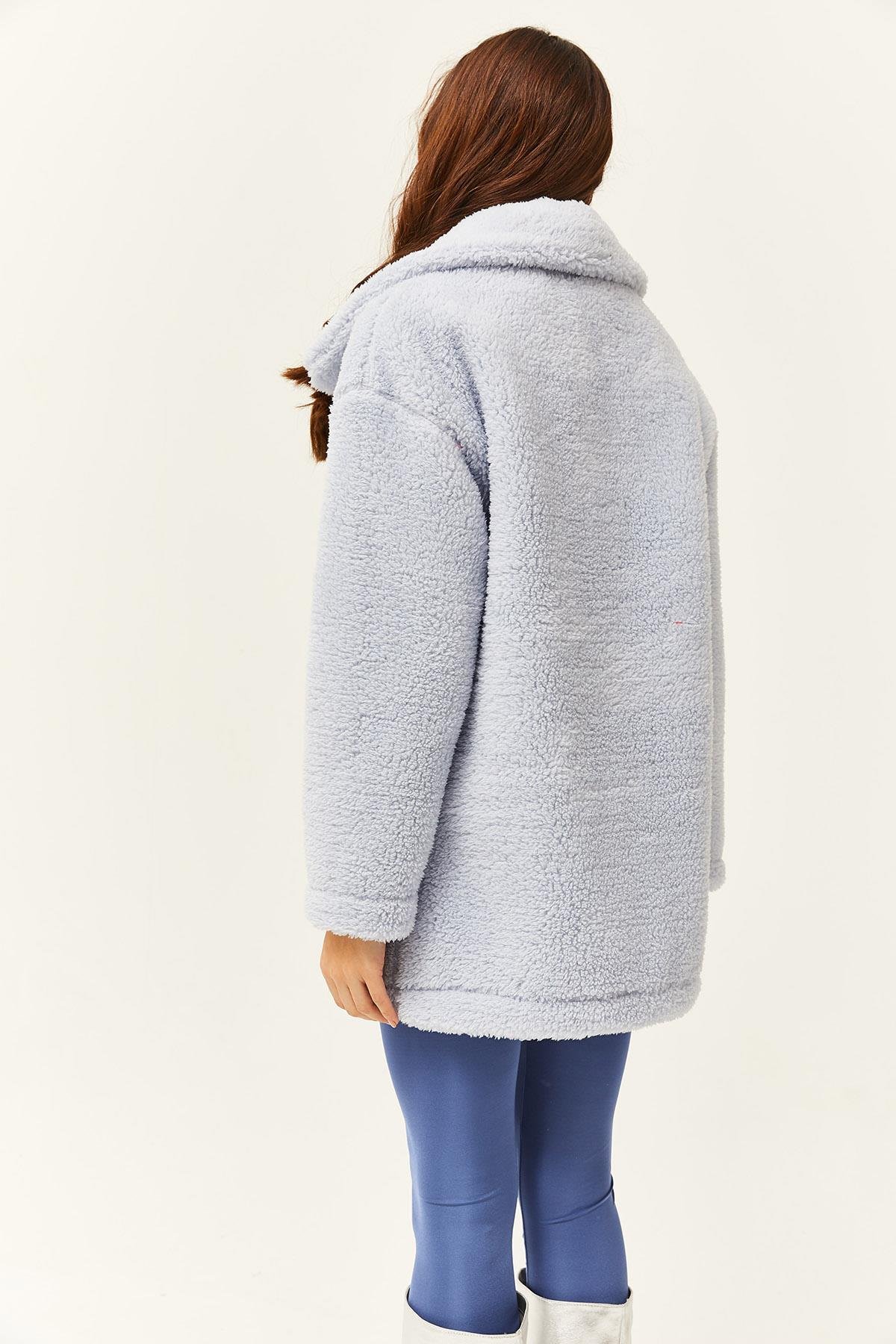 Düğmeli Cepli Astarsız Oversize Peluş Ceket Bebe Mavi