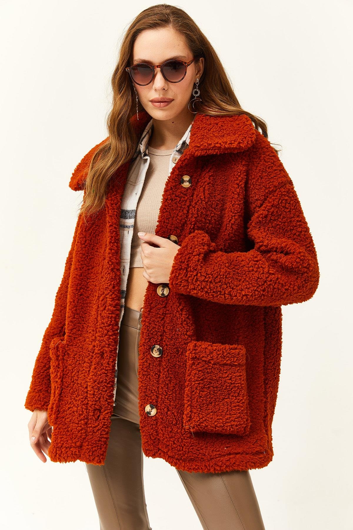 Düğmeli Cepli Astarsız Oversize Peluş Ceket Kiremit