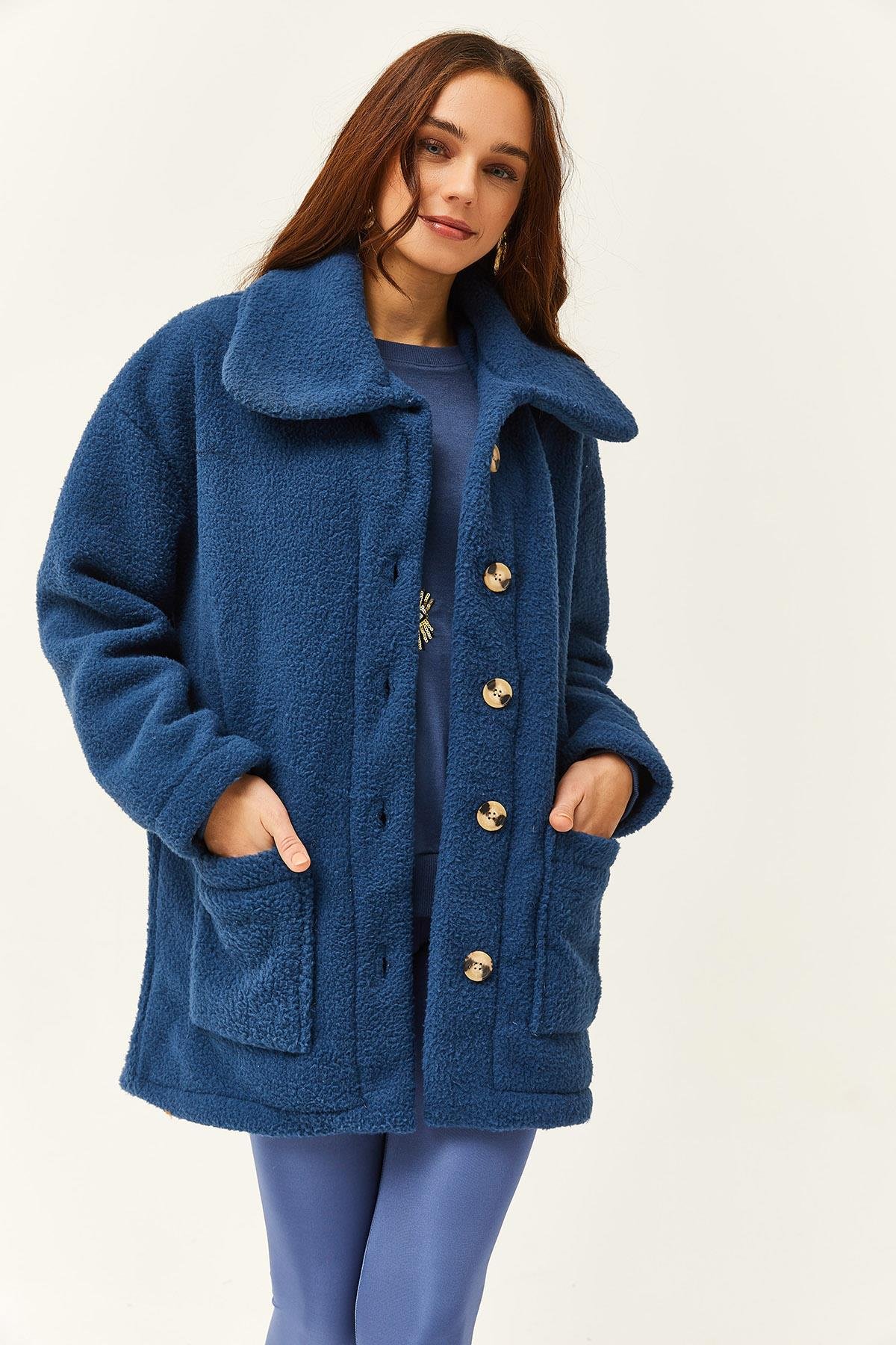 Düğmeli Cepli Astarsız Oversize Peluş Ceket İndigo