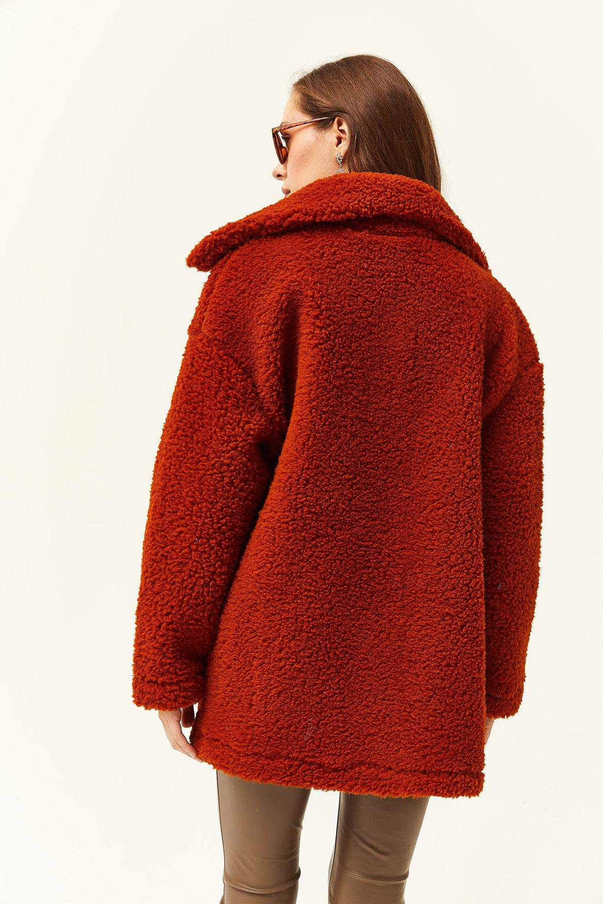 Düğmeli Cepli Astarsız Oversize Peluş Ceket Kiremit