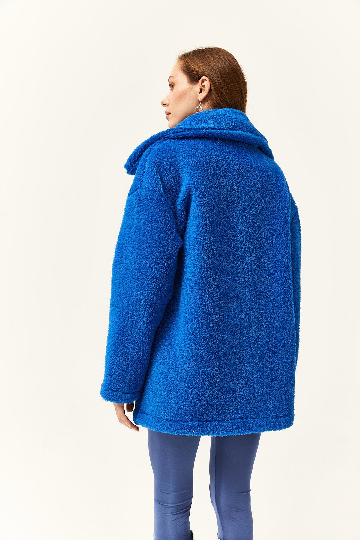 Düğmeli Cepli Astarsız Oversize Peluş Ceket Saks Mavi