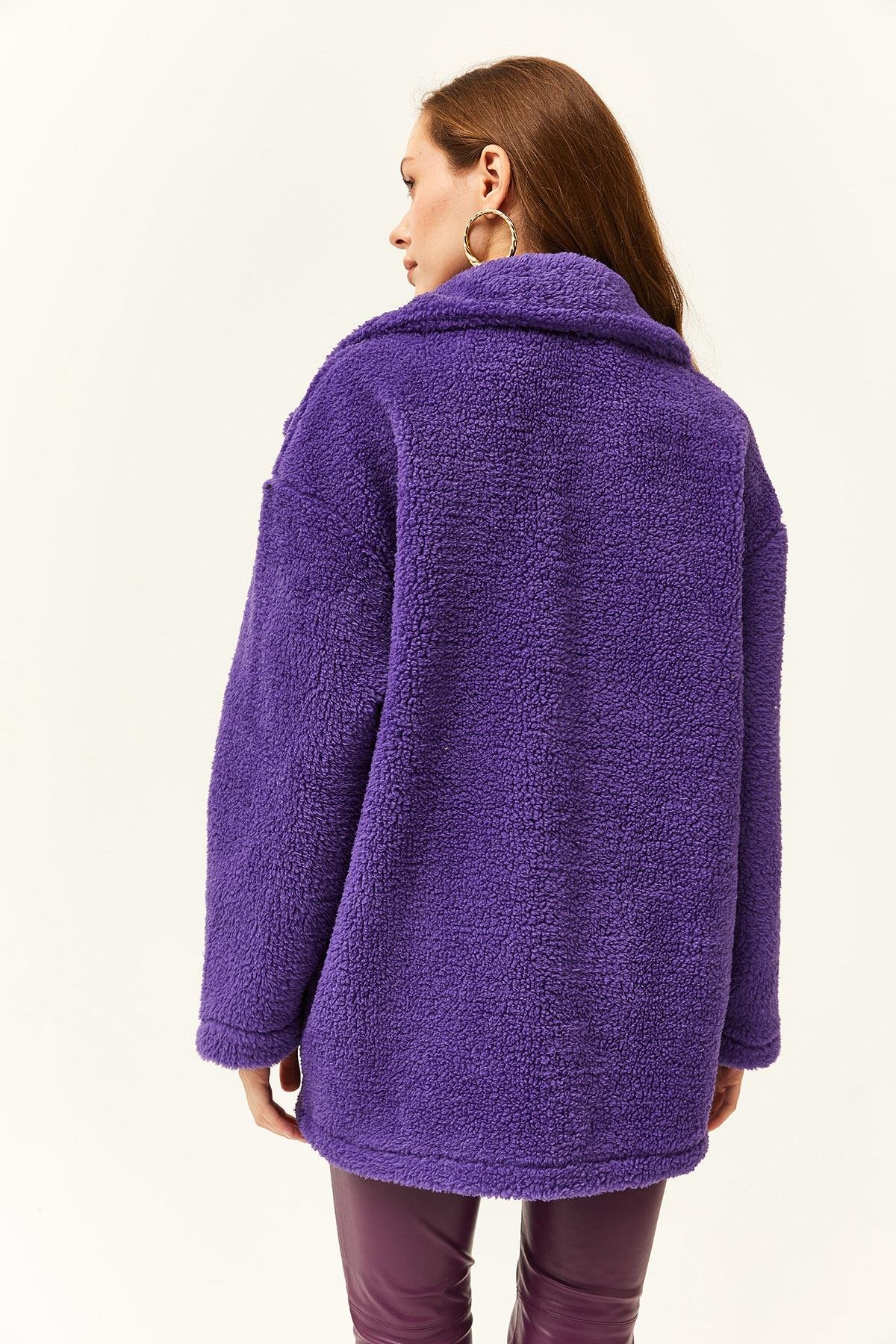Düğmeli Cepli Astarsız Oversize Peluş Ceket Mor