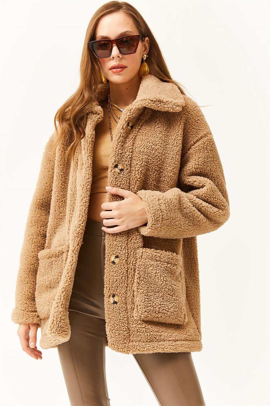 Düğmeli Cepli Astarsız Oversize Peluş Ceket Vizon