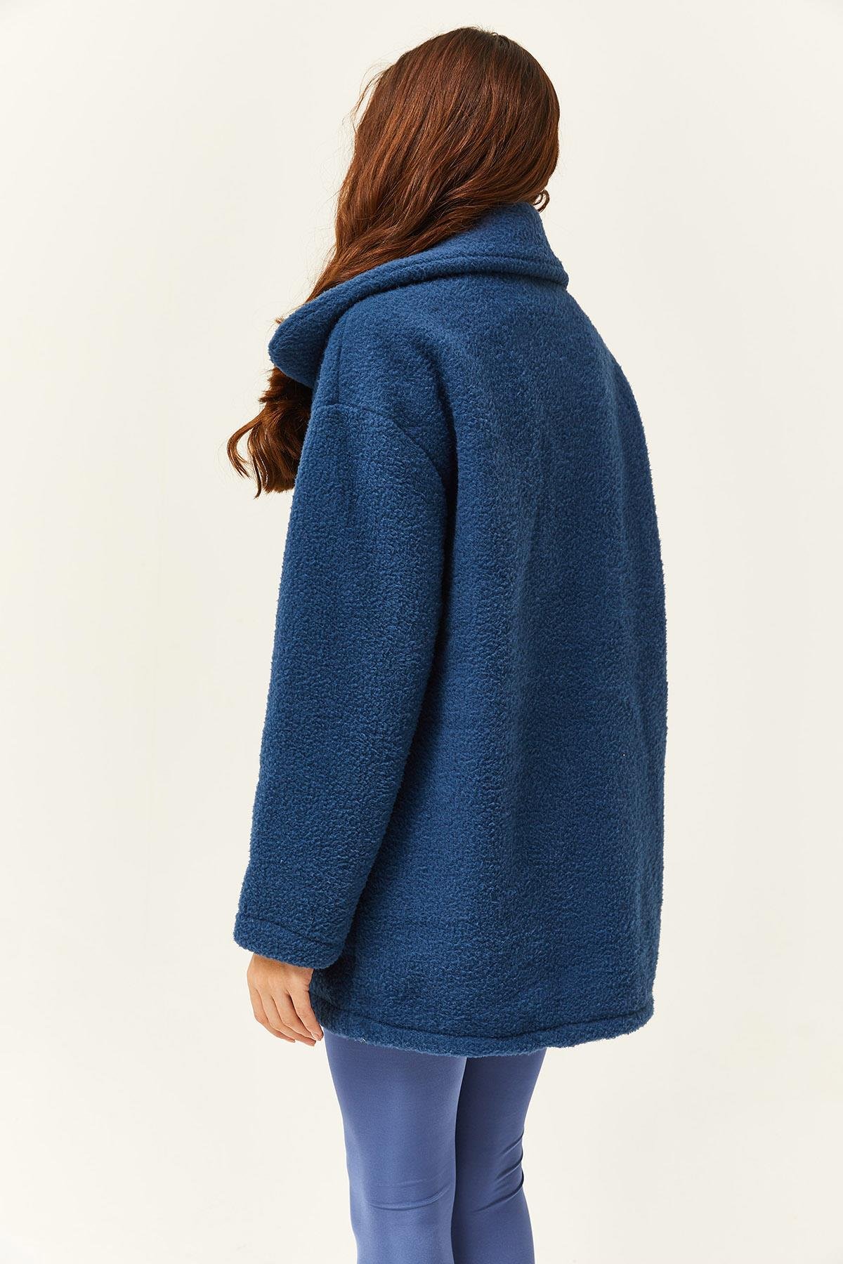 Düğmeli Cepli Astarsız Oversize Peluş Ceket İndigo