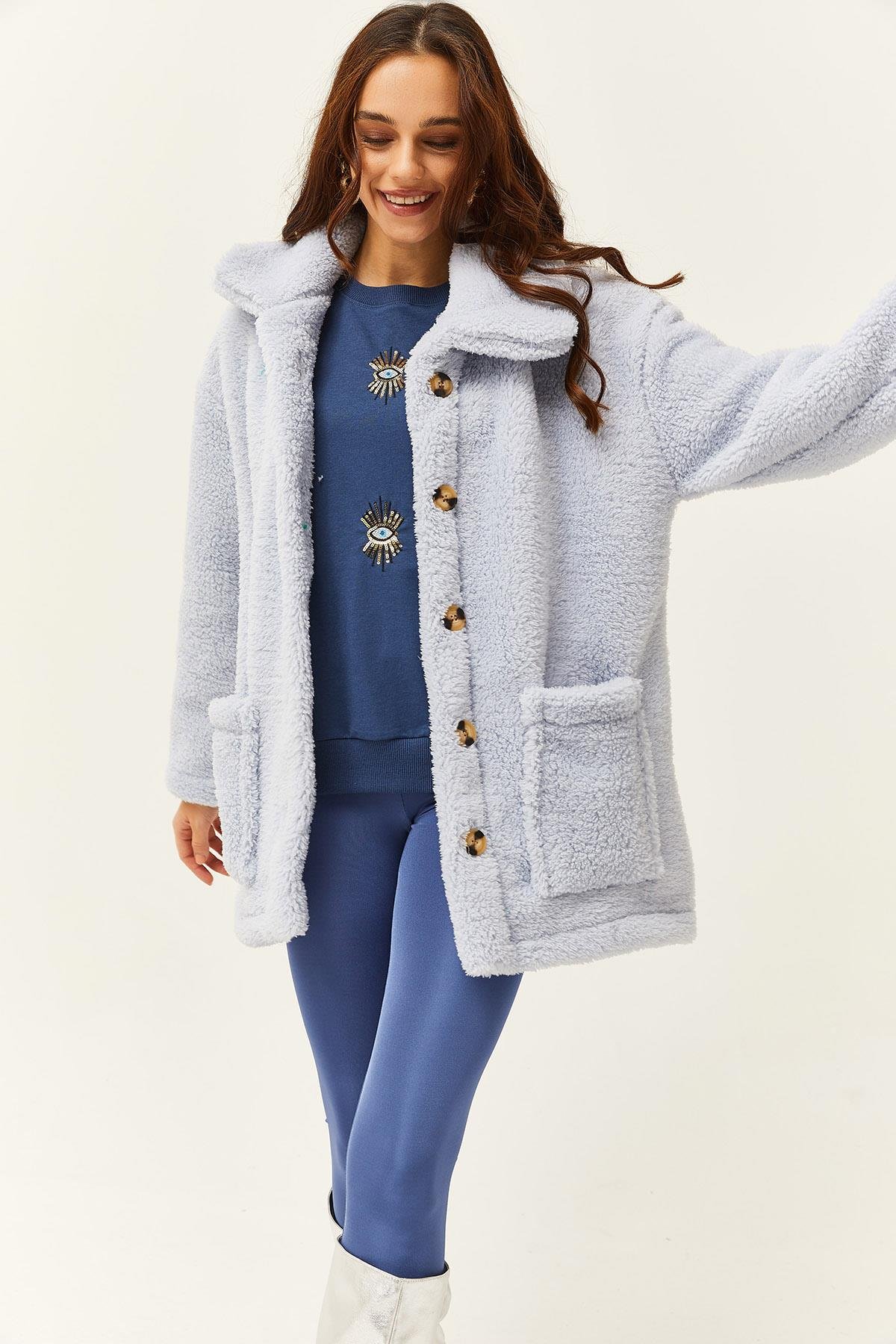 Düğmeli Cepli Astarsız Oversize Peluş Ceket Bebe Mavi