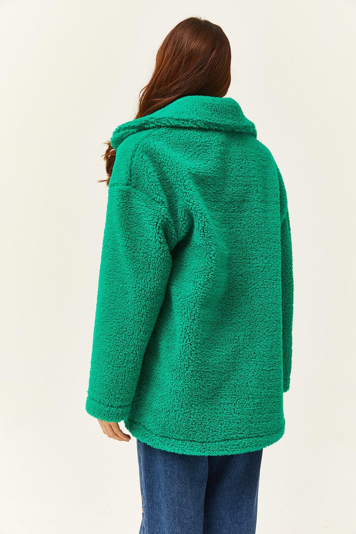 Düğmeli Cepli Astarsız Oversize Peluş Ceket Çimen Yeşili