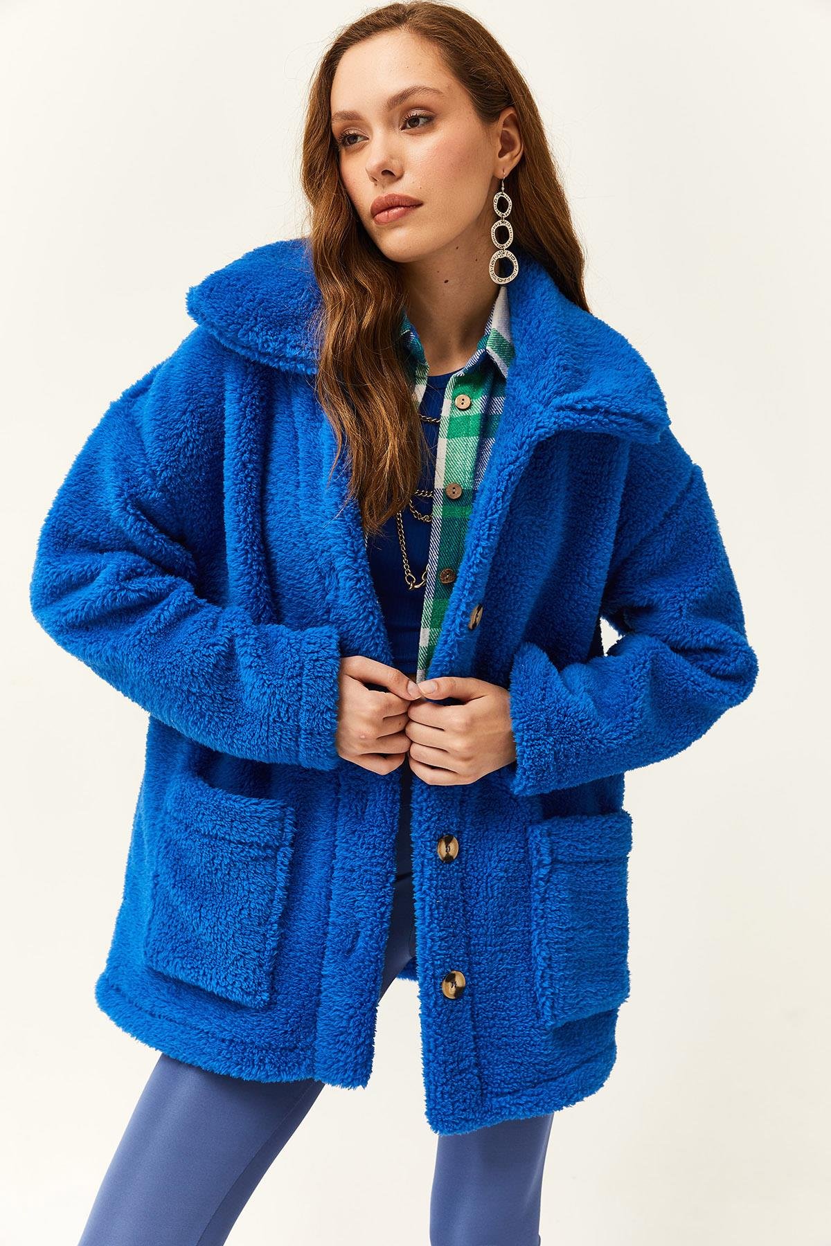 Düğmeli Cepli Astarsız Oversize Peluş Ceket Saks Mavi