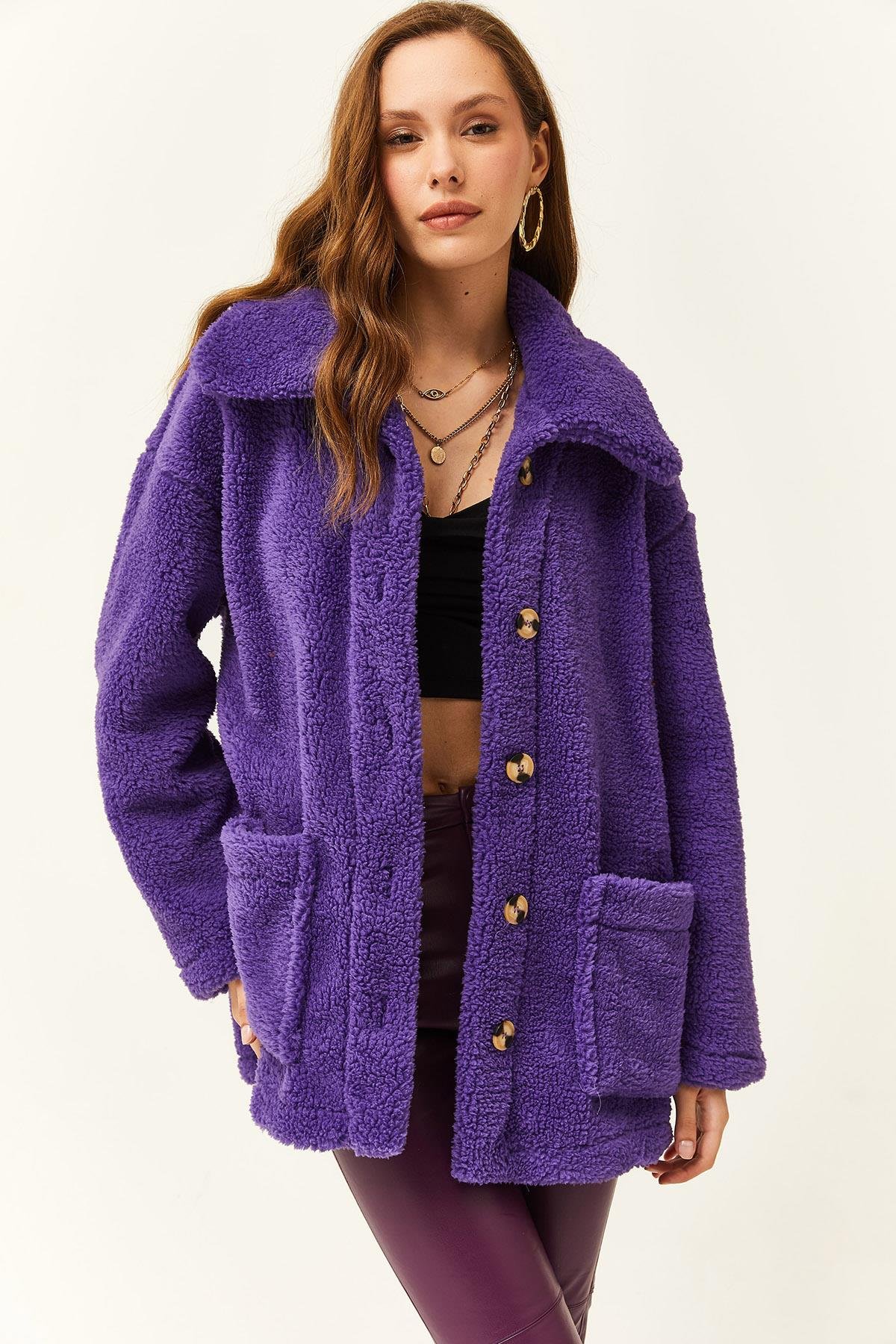 Düğmeli Cepli Astarsız Oversize Peluş Ceket Mor