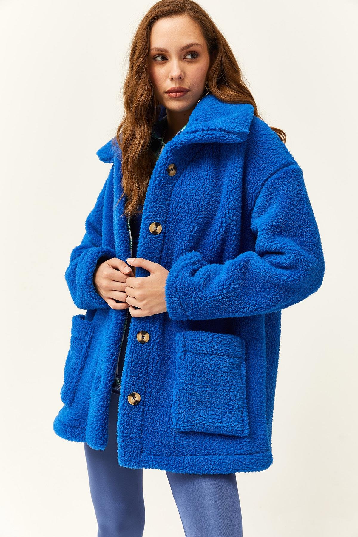 Düğmeli Cepli Astarsız Oversize Peluş Ceket Saks Mavi