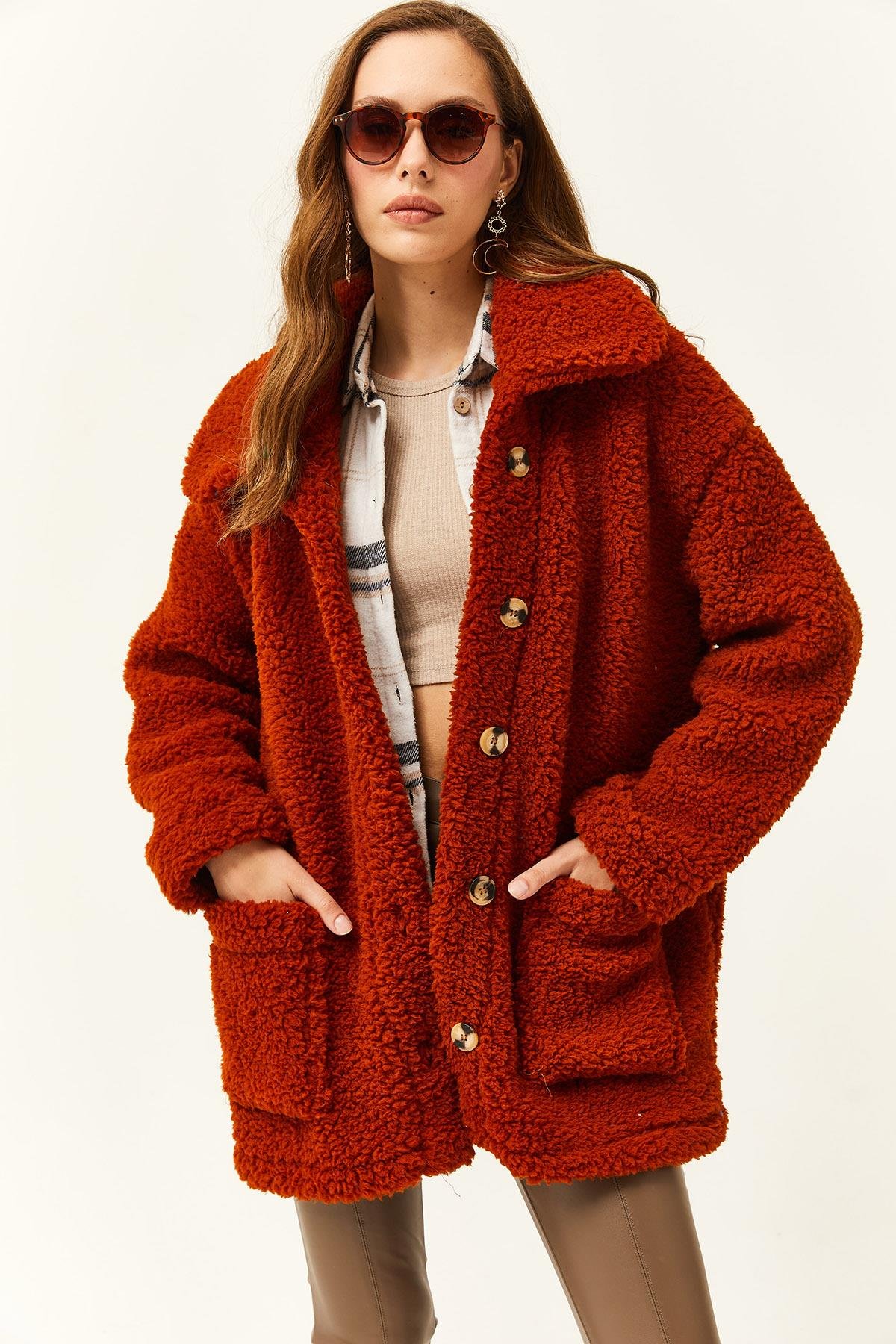 Düğmeli Cepli Astarsız Oversize Peluş Ceket Kiremit