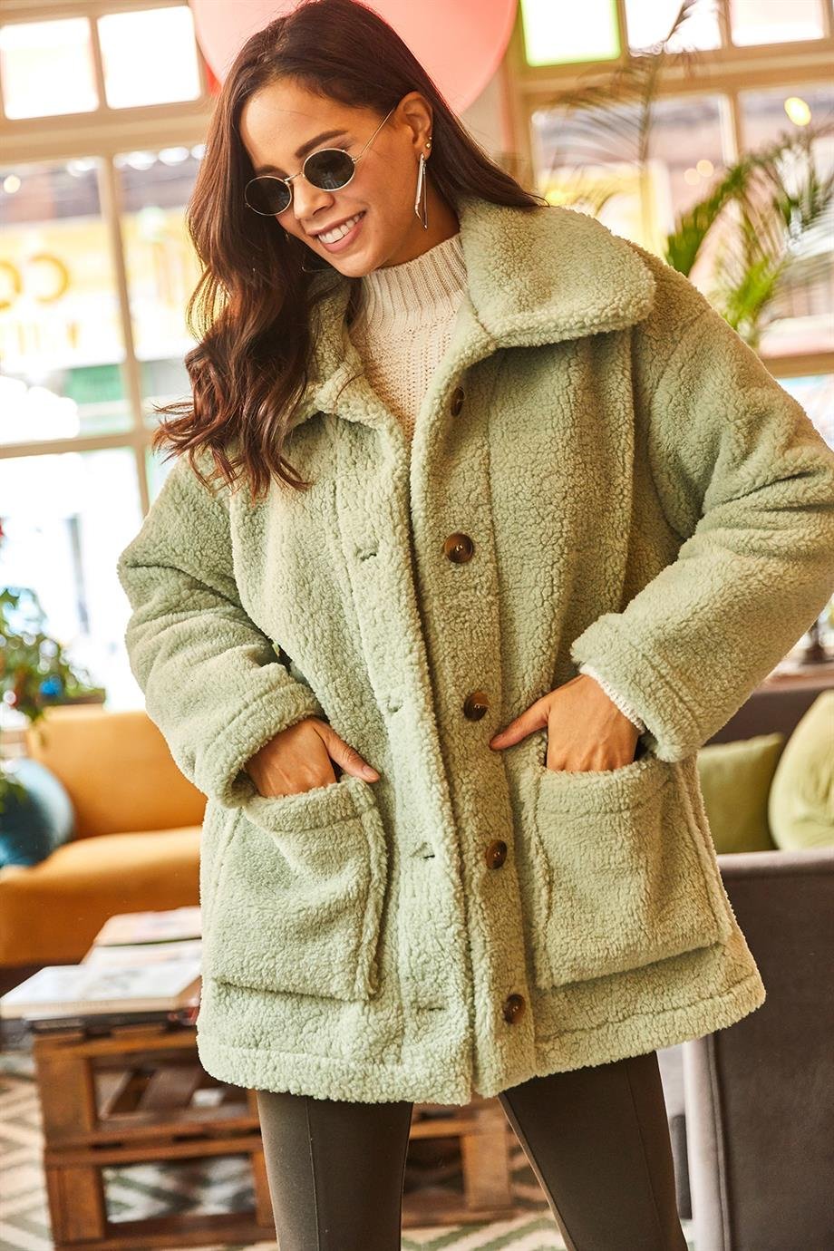 Düğmeli Cepli Astarsız Oversize Peluş Ceket Su Yeşili
