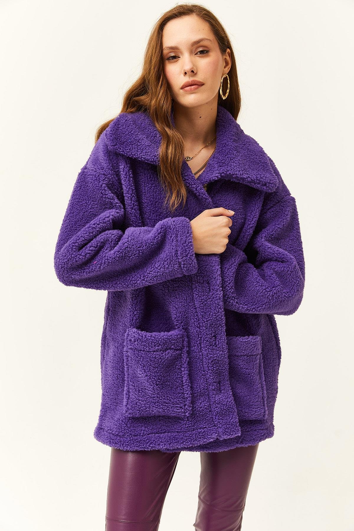 Düğmeli Cepli Astarsız Oversize Peluş Ceket Mor