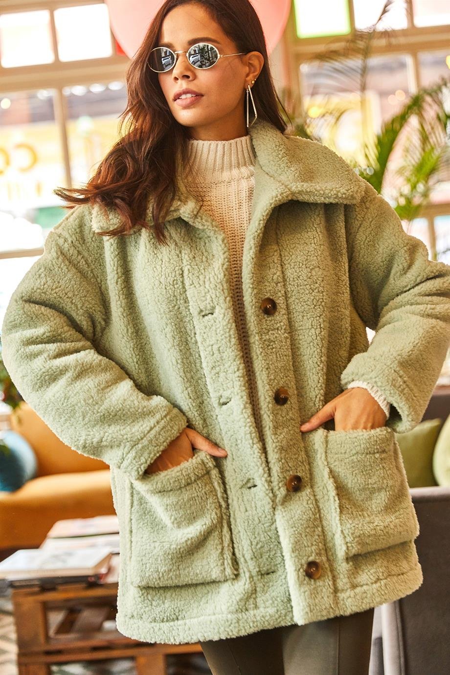 Düğmeli Cepli Astarsız Oversize Peluş Ceket Su Yeşili