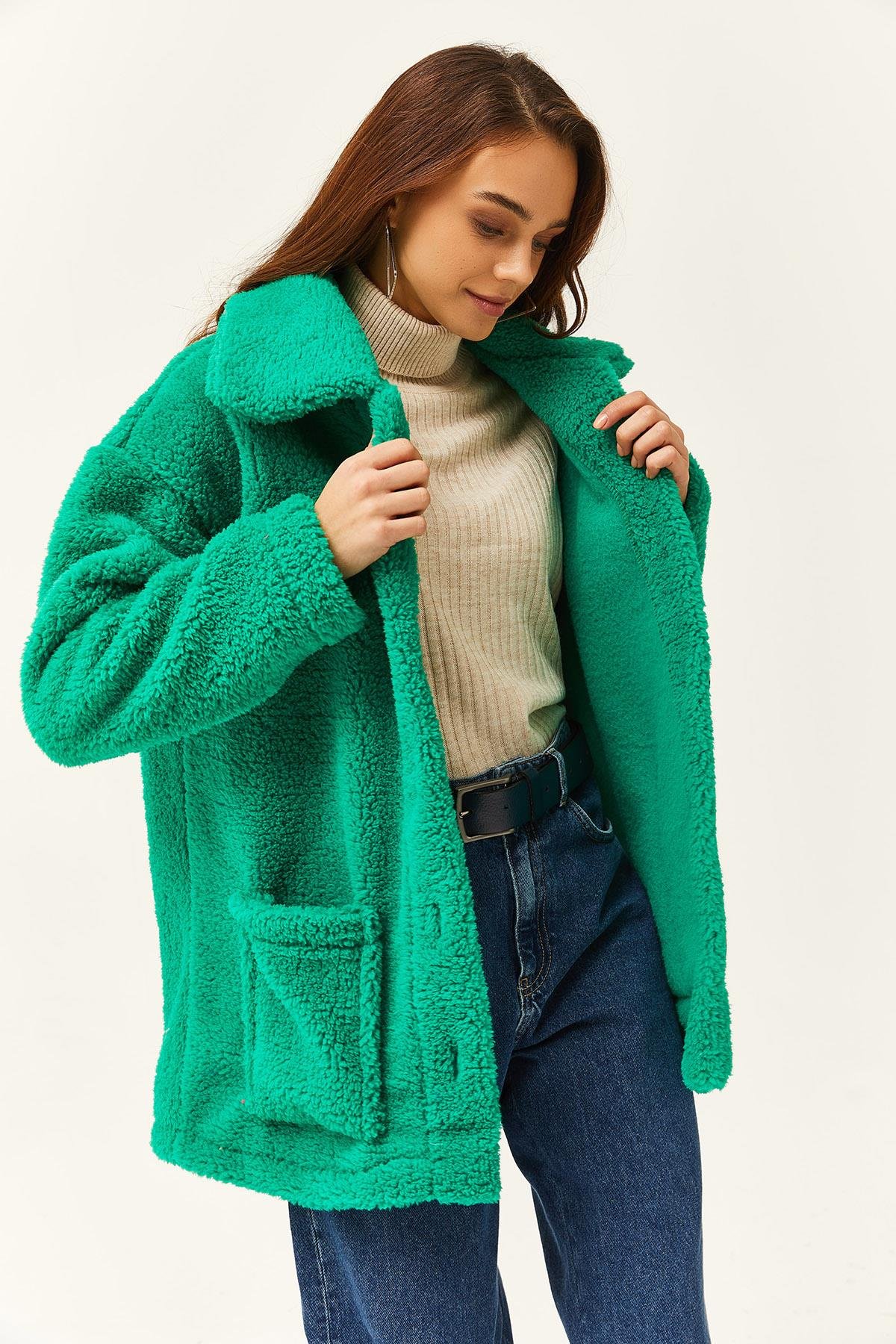 Düğmeli Cepli Astarsız Oversize Peluş Ceket Çimen Yeşili