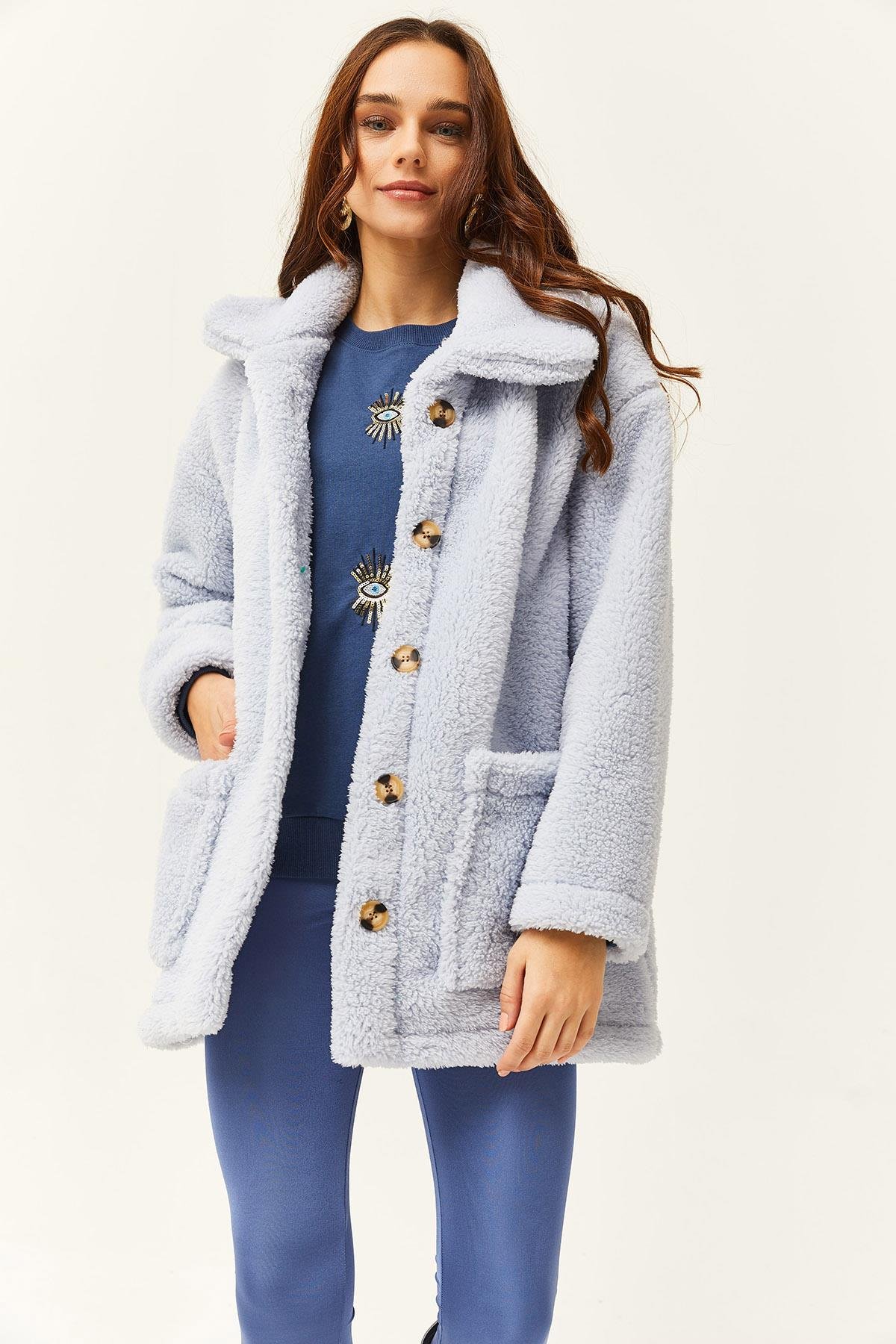 Düğmeli Cepli Astarsız Oversize Peluş Ceket Bebe Mavi