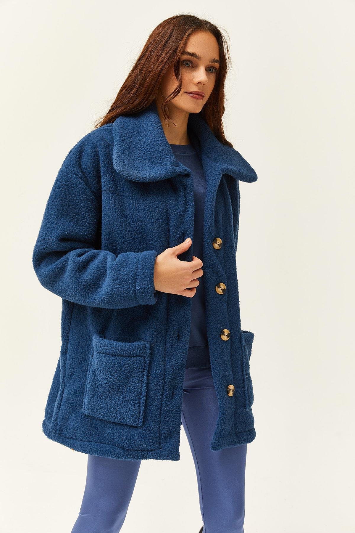 Düğmeli Cepli Astarsız Oversize Peluş Ceket İndigo