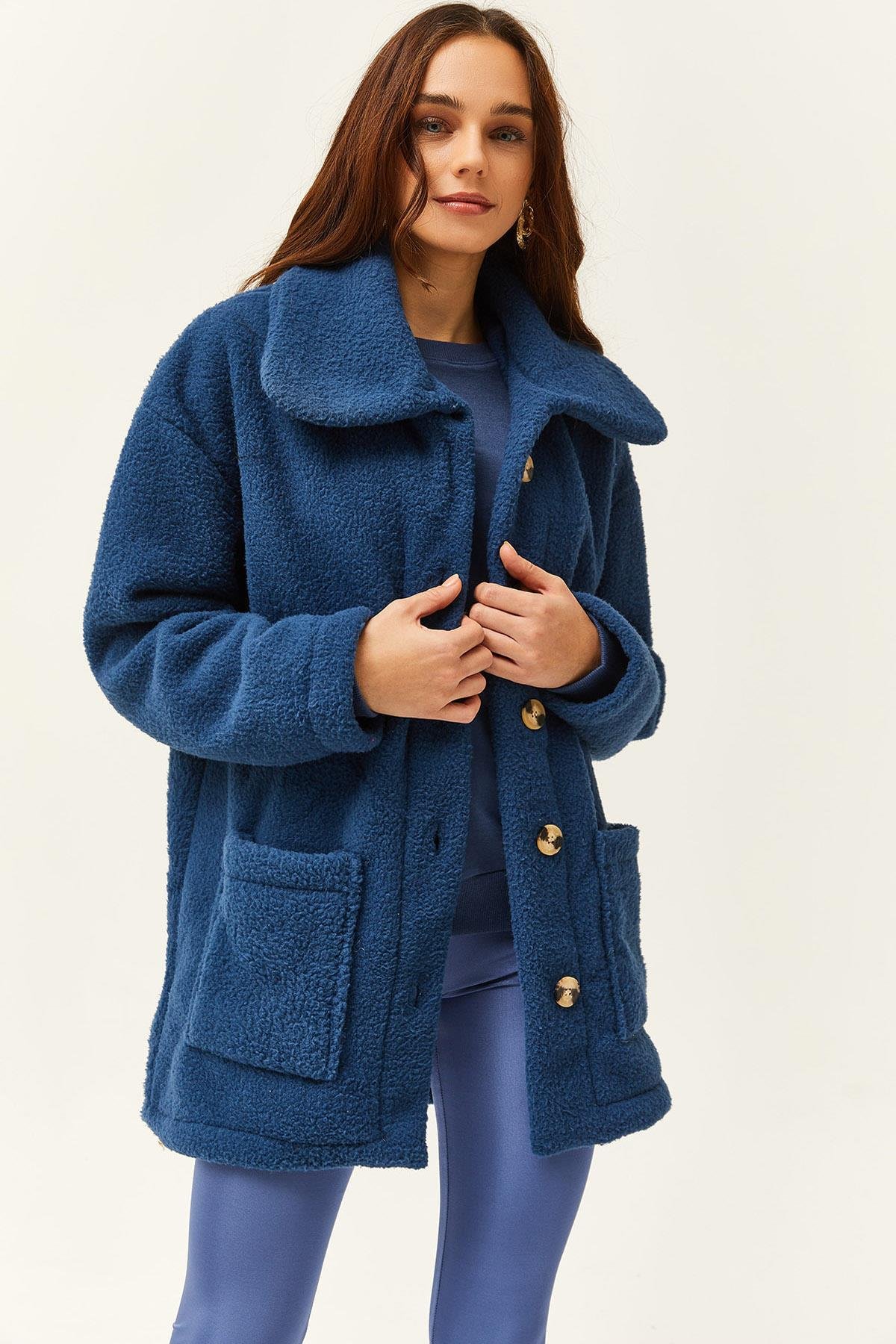 Düğmeli Cepli Astarsız Oversize Peluş Ceket İndigo