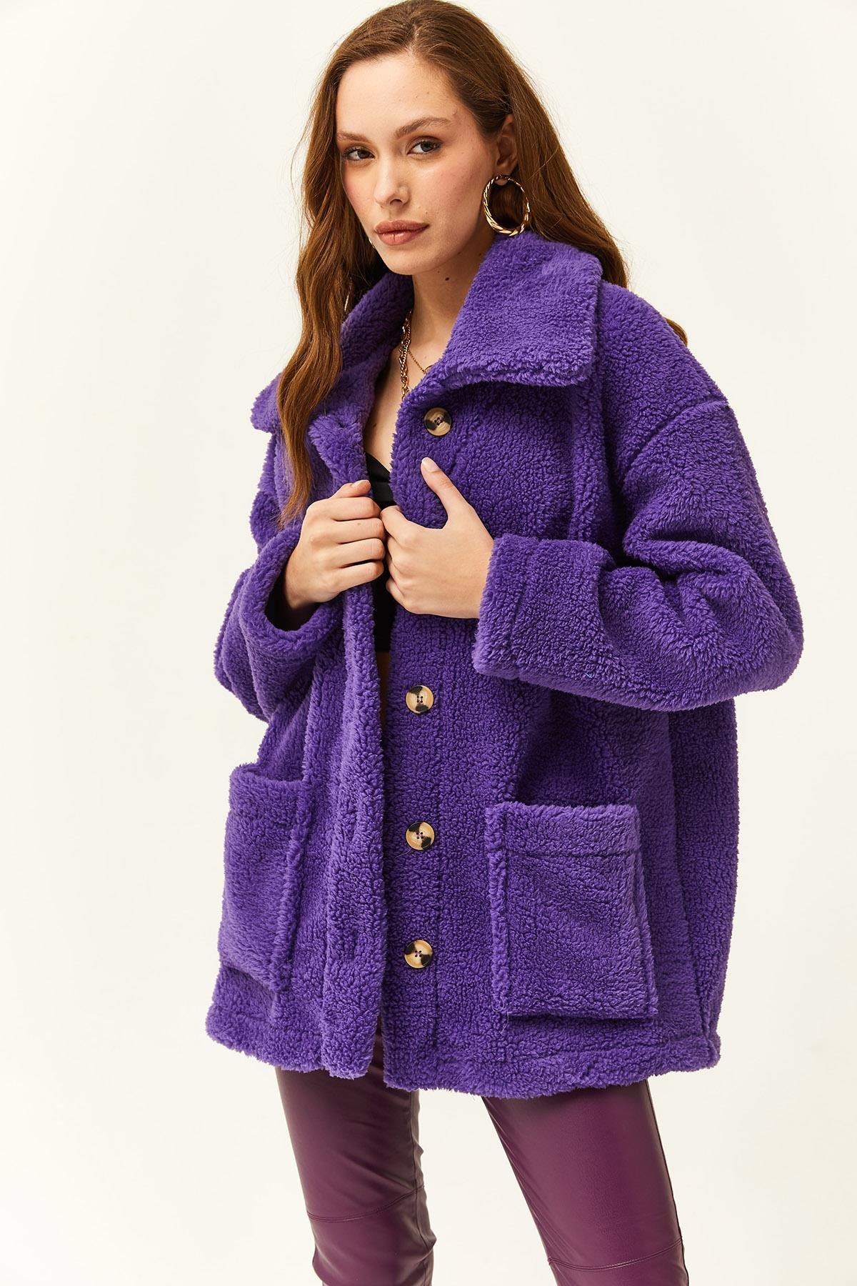Düğmeli Cepli Astarsız Oversize Peluş Ceket Mor