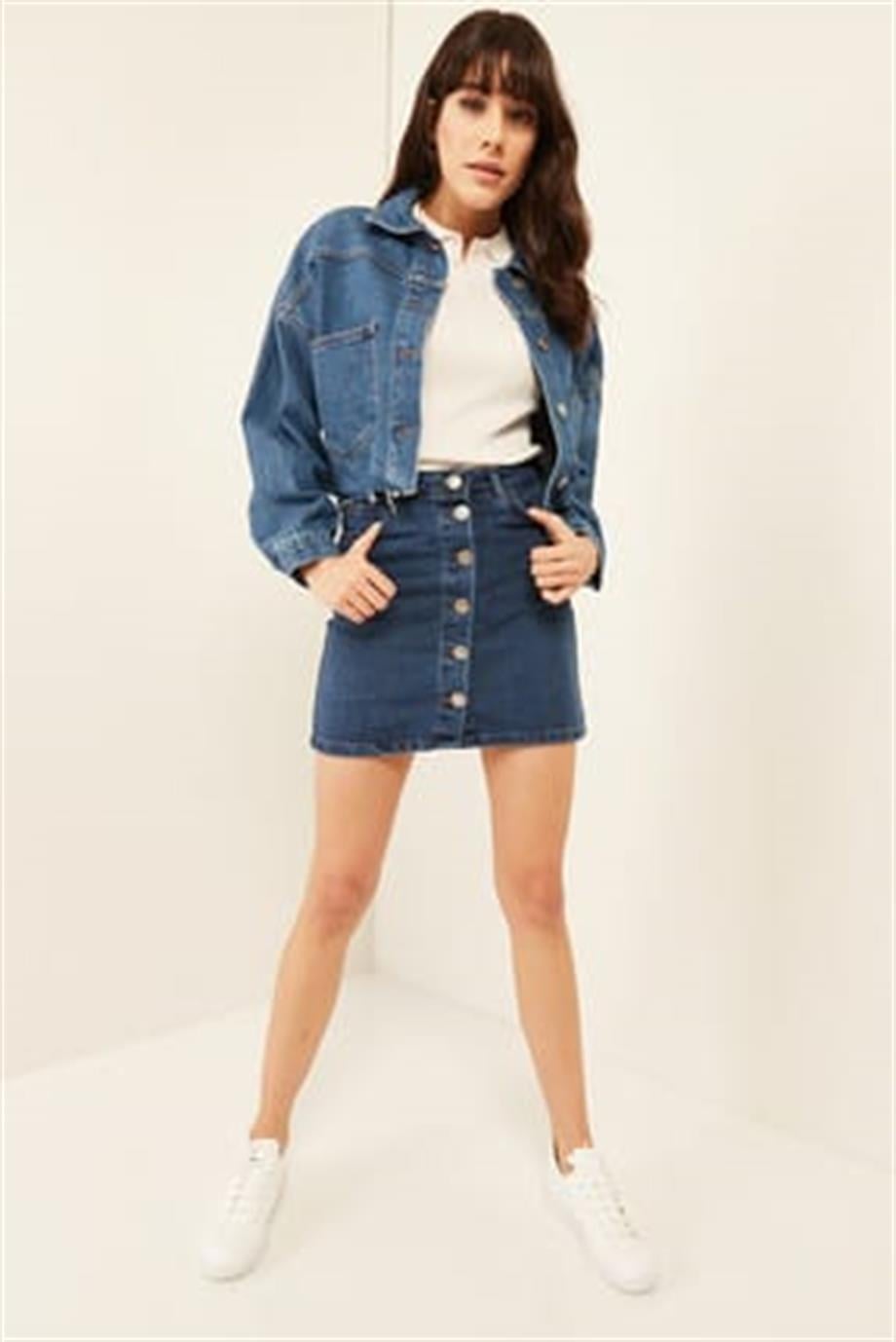 Düğmeli Cepli Denim Etek Mavi