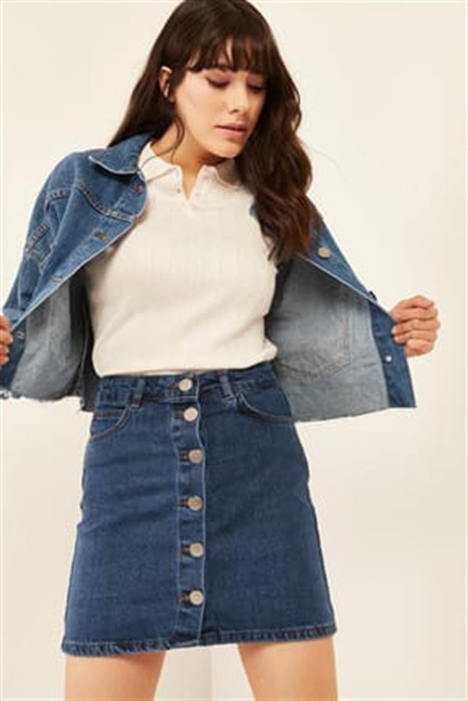 Düğmeli Cepli Denim Etek Mavi