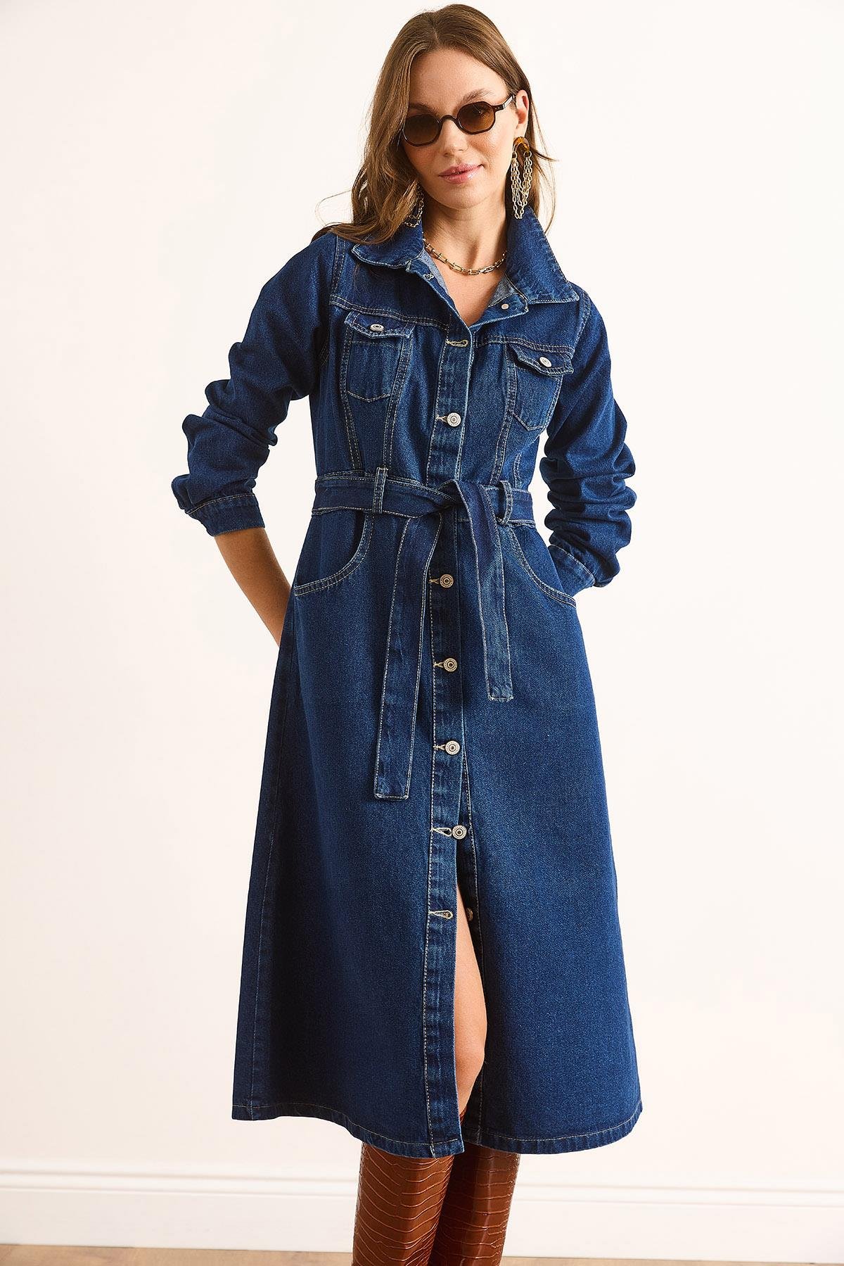 Düğmeli Cepli Uzun Kollu Denim Elbise Lacivert
