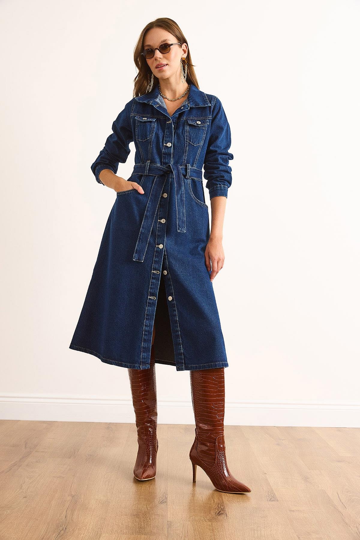 Düğmeli Cepli Uzun Kollu Denim Elbise Lacivert