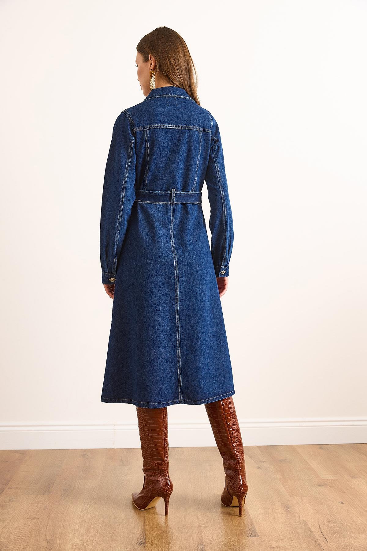 Düğmeli Cepli Uzun Kollu Denim Elbise Lacivert