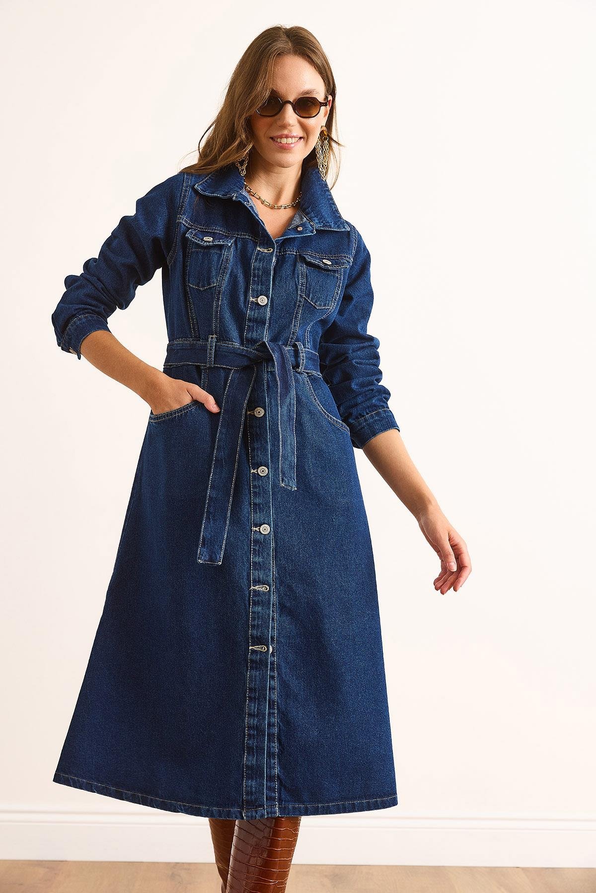 Düğmeli Cepli Uzun Kollu Denim Elbise Lacivert