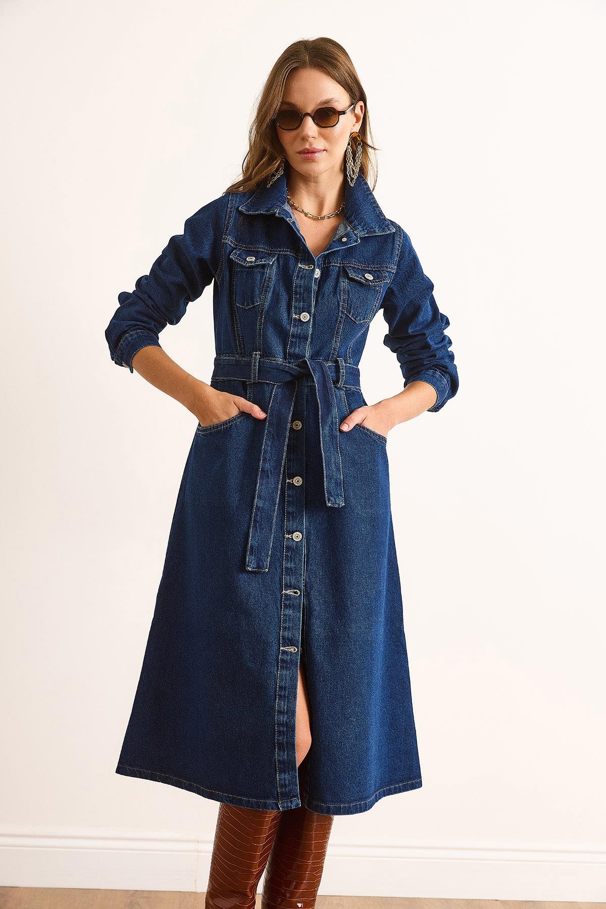 Düğmeli Cepli Uzun Kollu Denim Elbise Lacivert