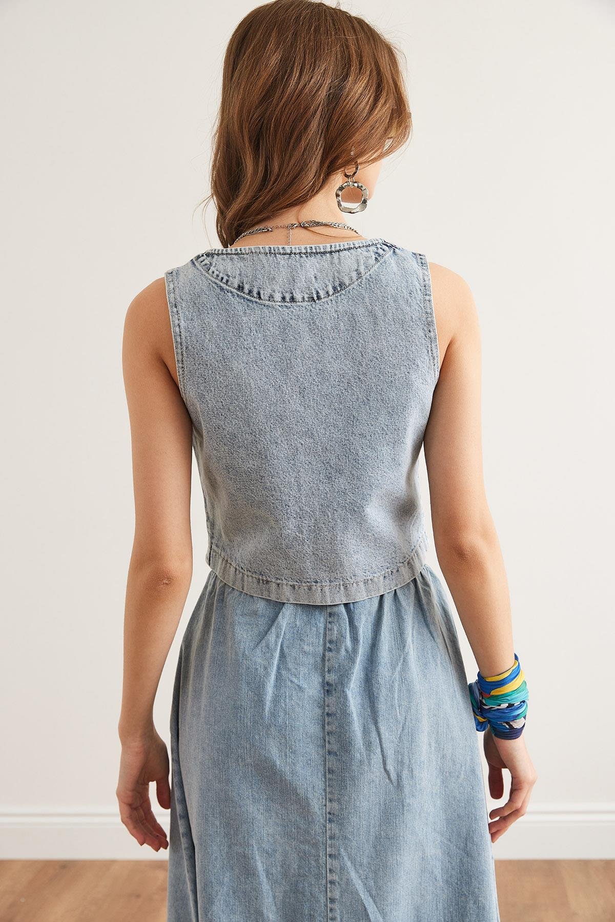 Düğmeli Denim Yelek Açık Mavi