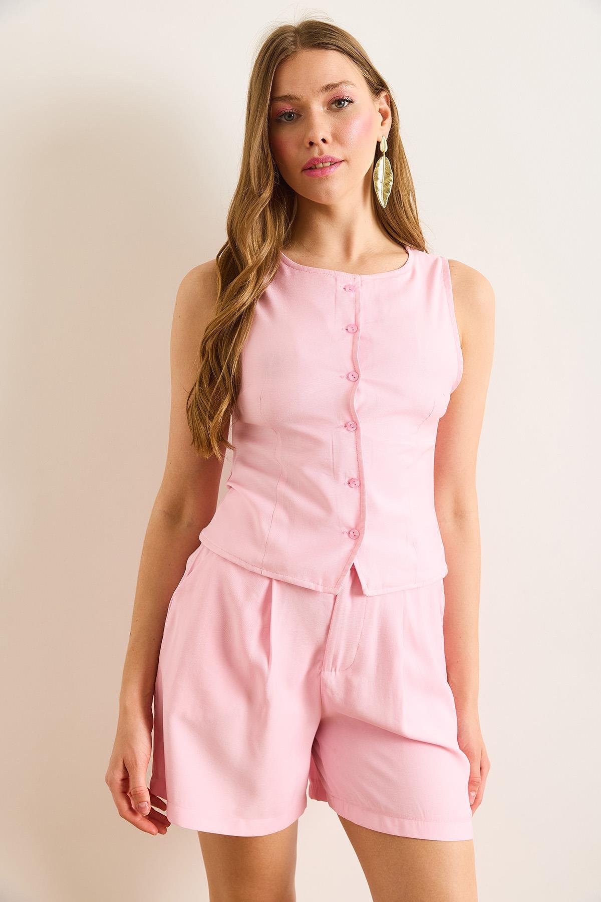 Düğmeli Dokuma Slim Fit Bluz Pembe