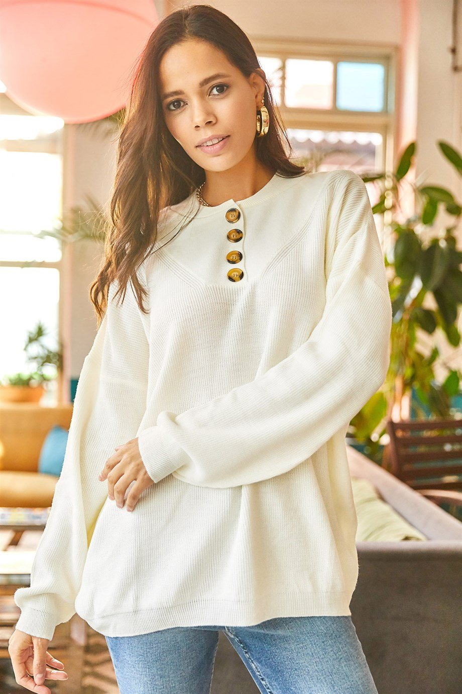 Düğmeli Oversize Triko Kazak Ekru