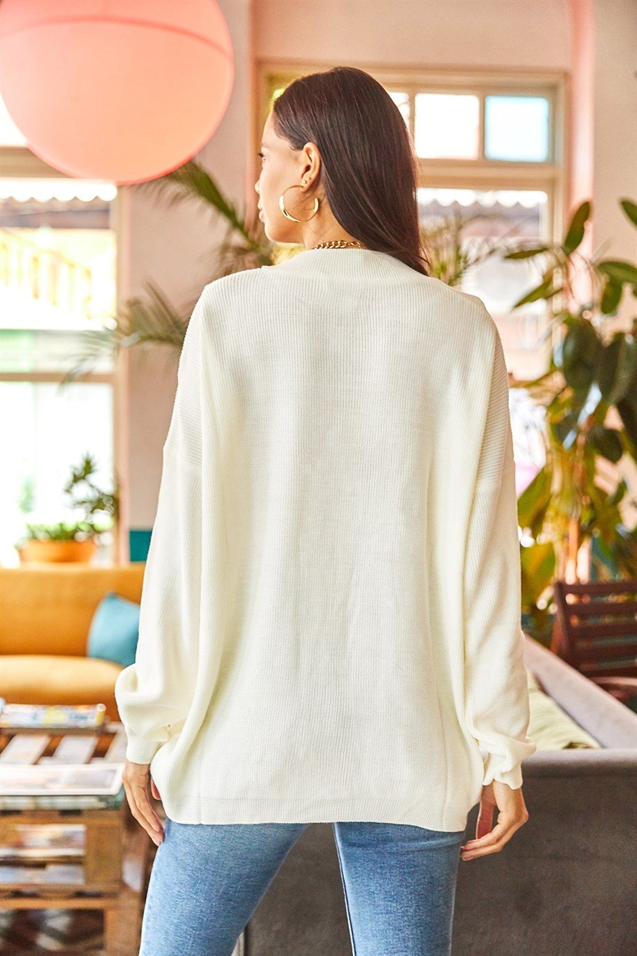 Düğmeli Oversize Triko Kazak Ekru