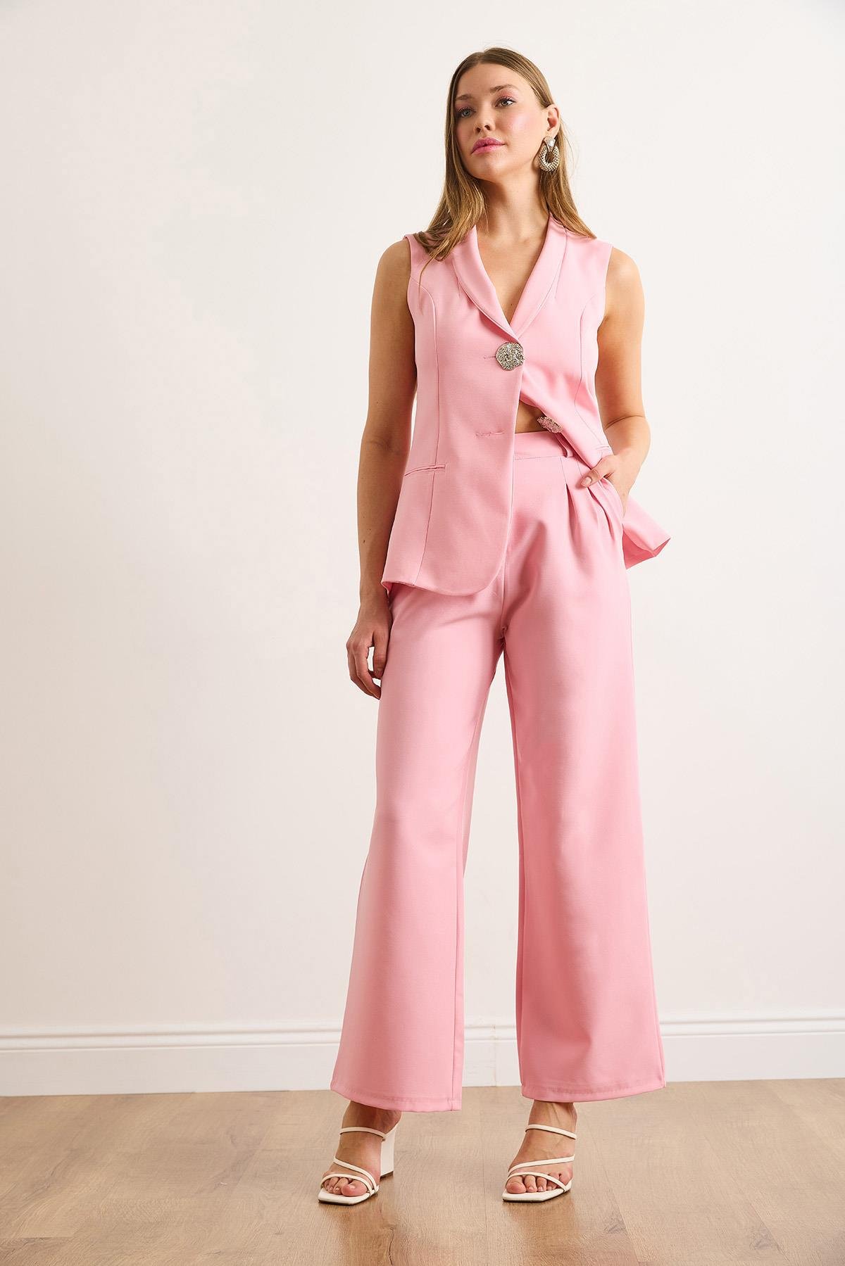 Düğmeli Pileli Palazzo Double Pantolon Pembe