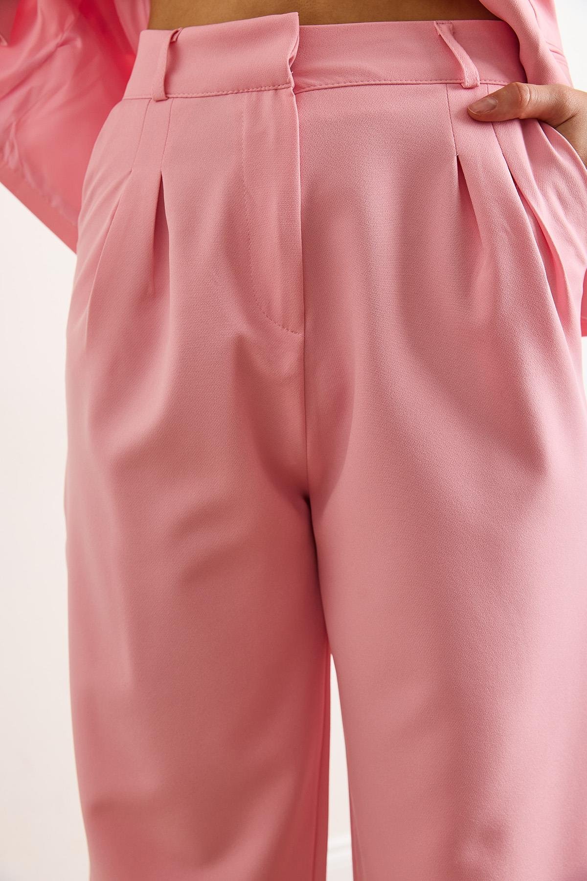 Düğmeli Pileli Palazzo Double Pantolon Pembe