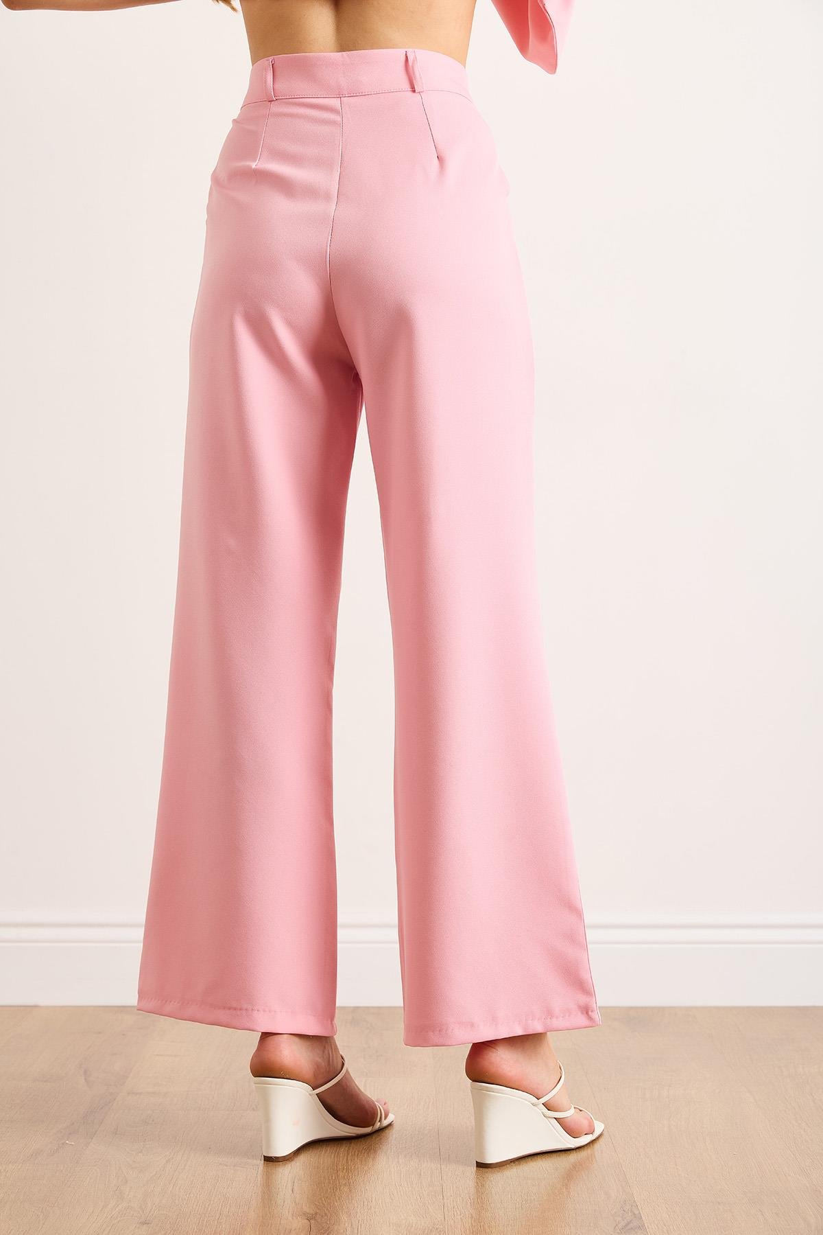 Düğmeli Pileli Palazzo Double Pantolon Pembe