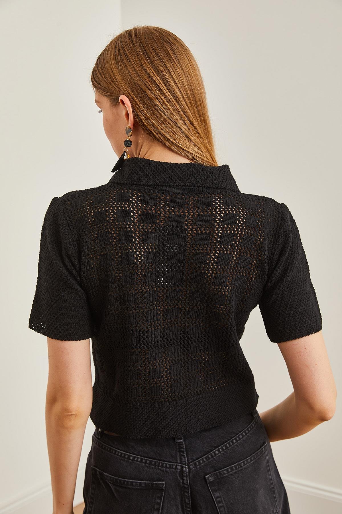 Düğmeli Polo Yaka Crop Triko Bluz Siyah