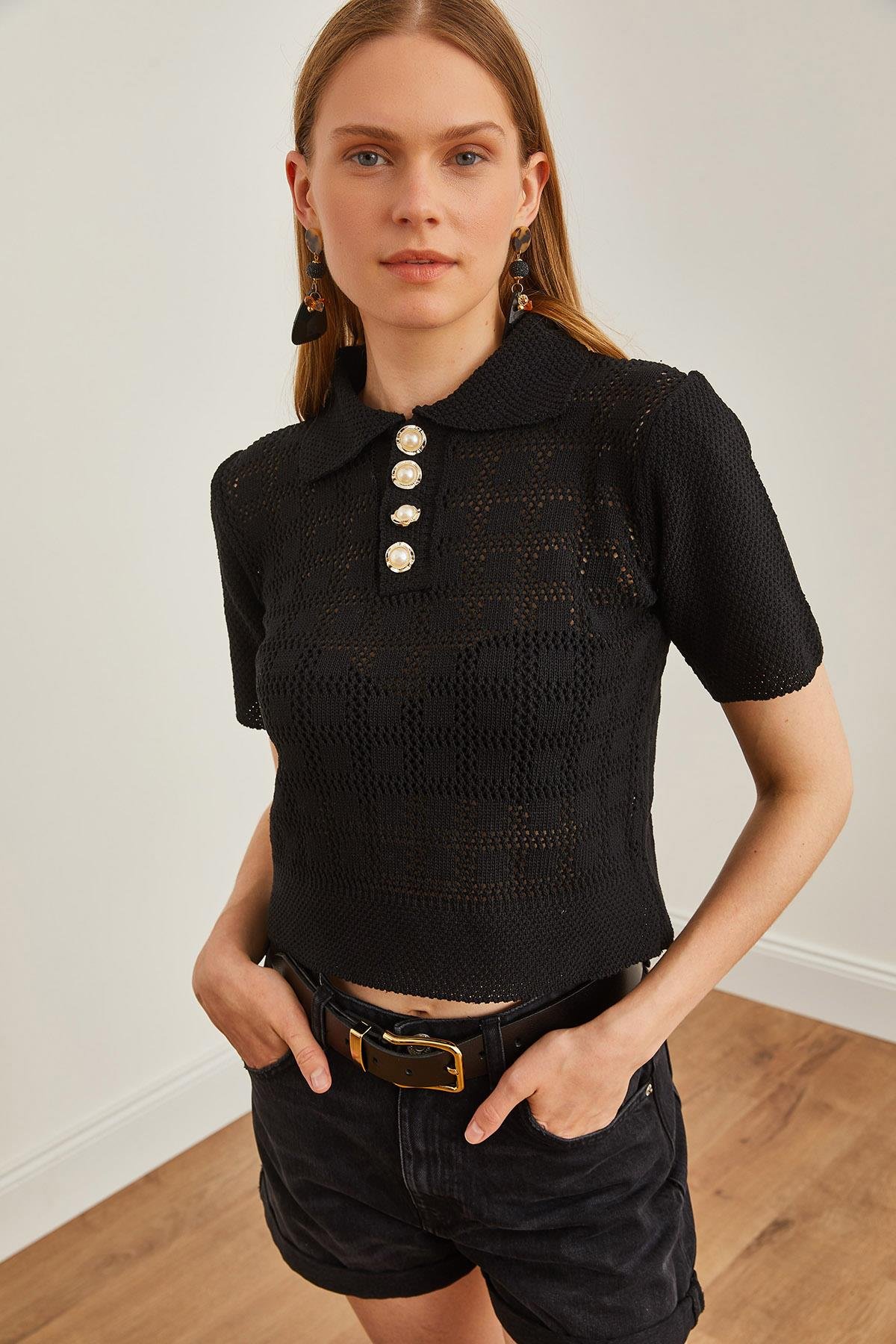 Düğmeli Polo Yaka Crop Triko Bluz Siyah