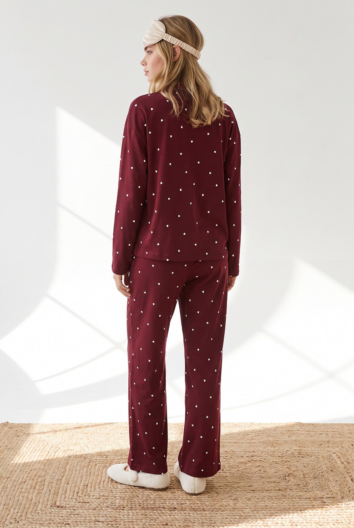 Düğmeli Uzun Kollu %100 Pamuk Pijama Takımı Bordo Kalp