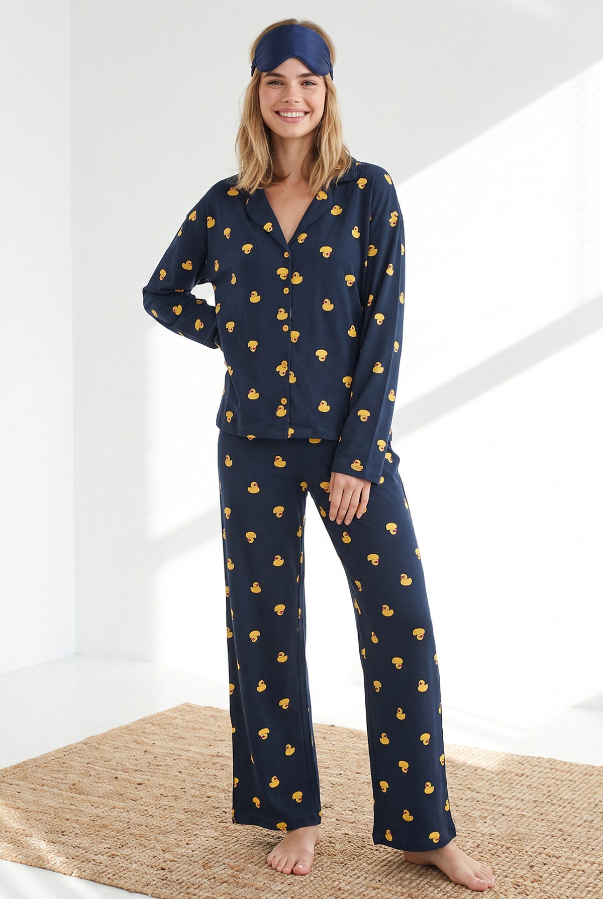 Düğmeli Uzun Kollu %100 Pamuk Pijama Takımı Ördek Lacivert