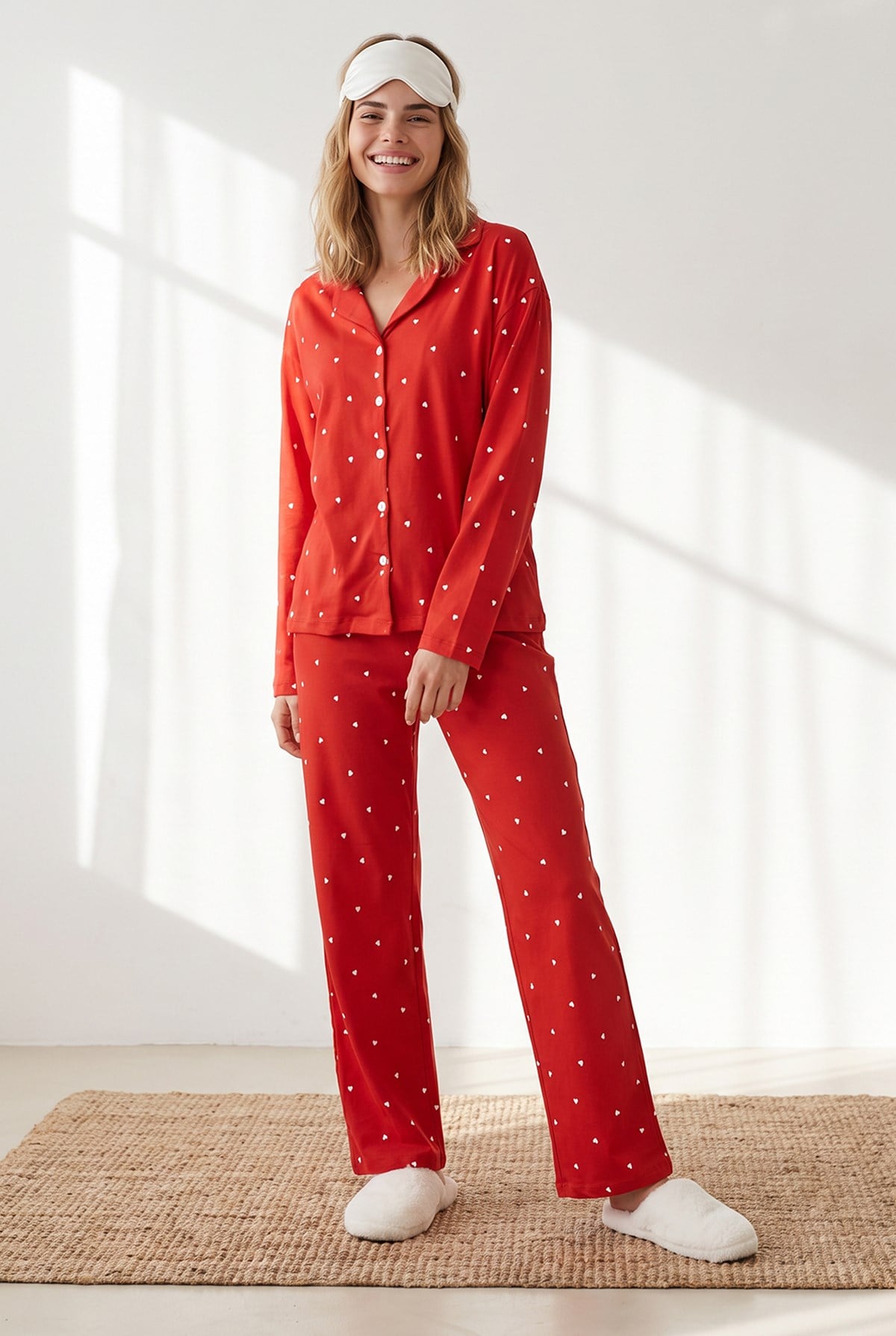 Düğmeli Uzun Kollu %100 Pamuk Pijama Takımı Kırmızı Kalp