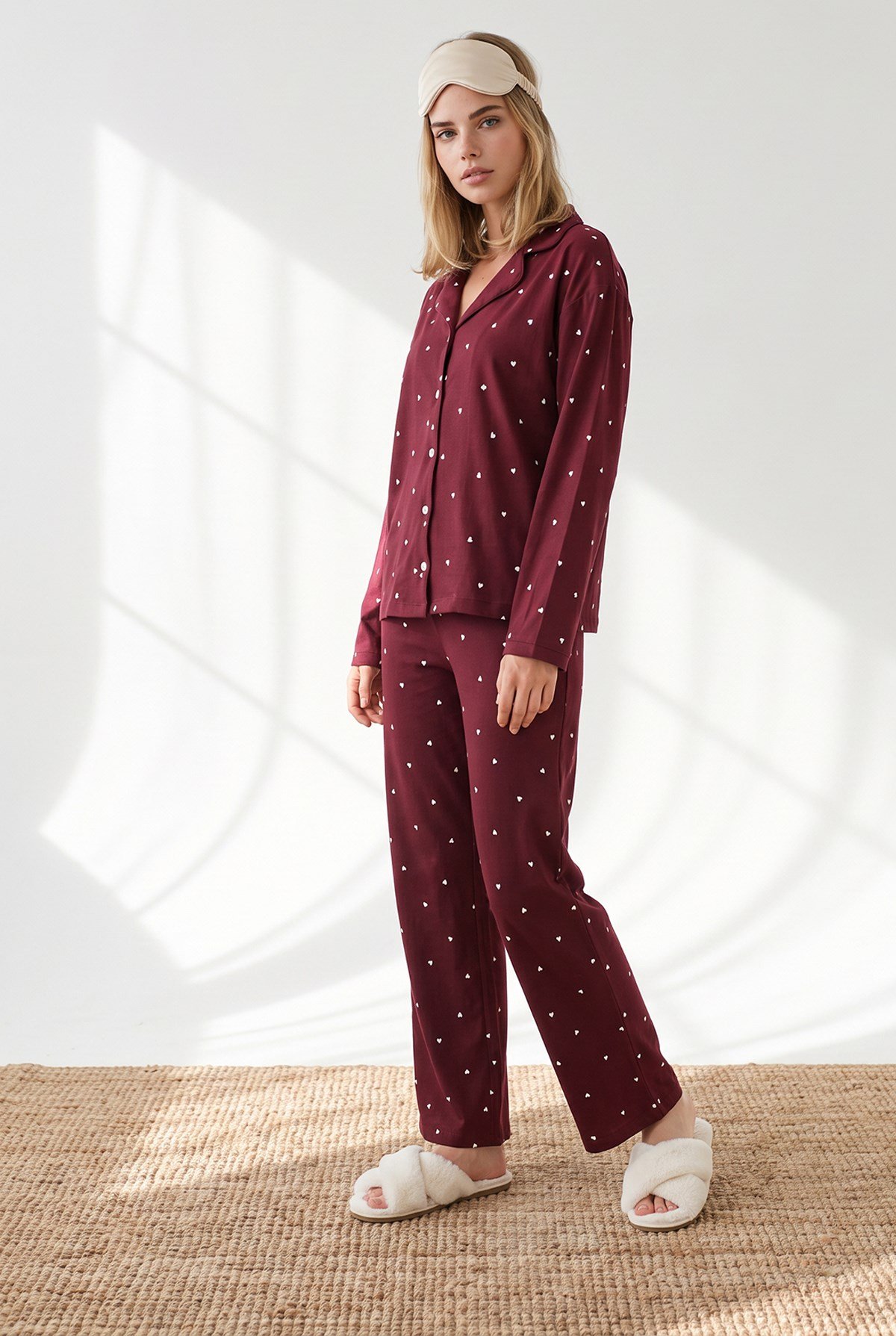 Düğmeli Uzun Kollu %100 Pamuk Pijama Takımı Bordo Kalp