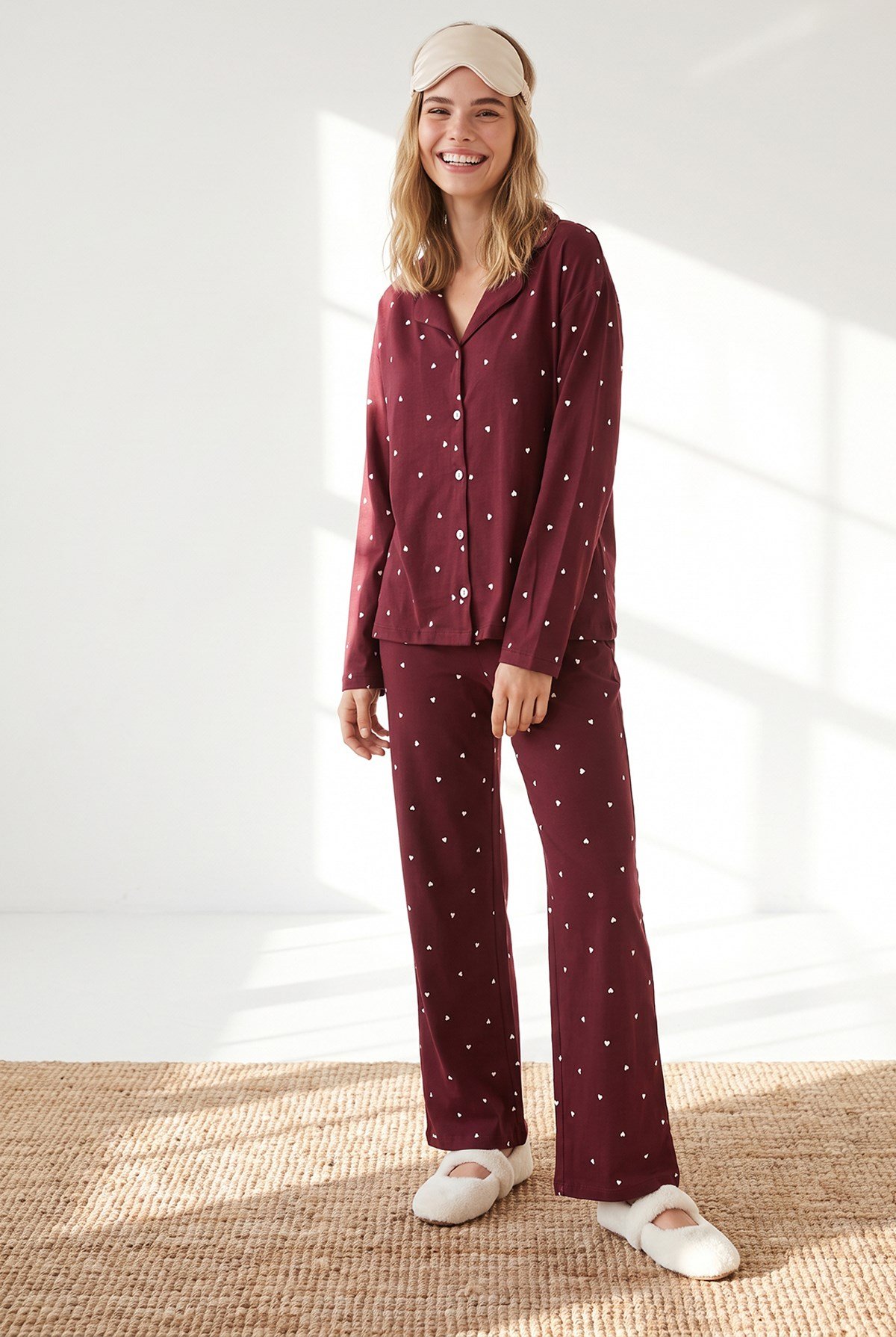 Düğmeli Uzun Kollu %100 Pamuk Pijama Takımı Bordo Kalp