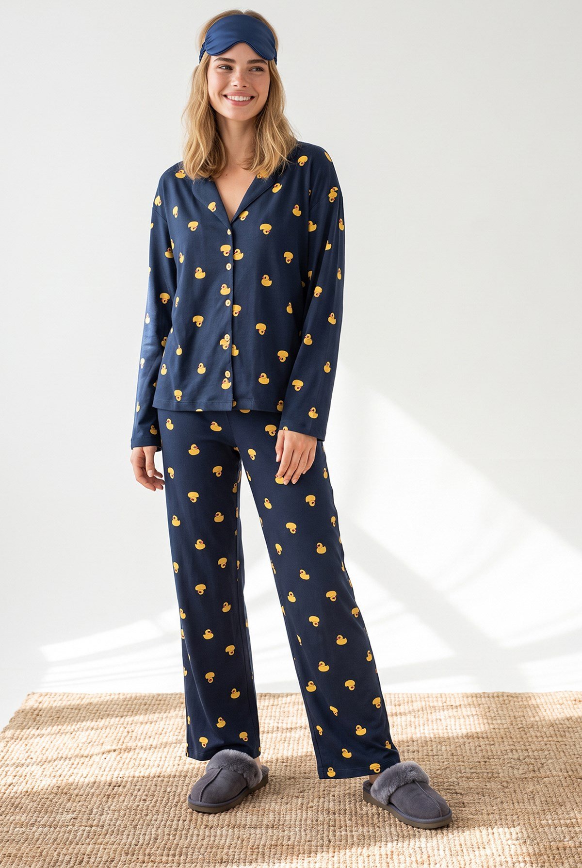 Düğmeli Uzun Kollu %100 Pamuk Pijama Takımı Ördek Lacivert
