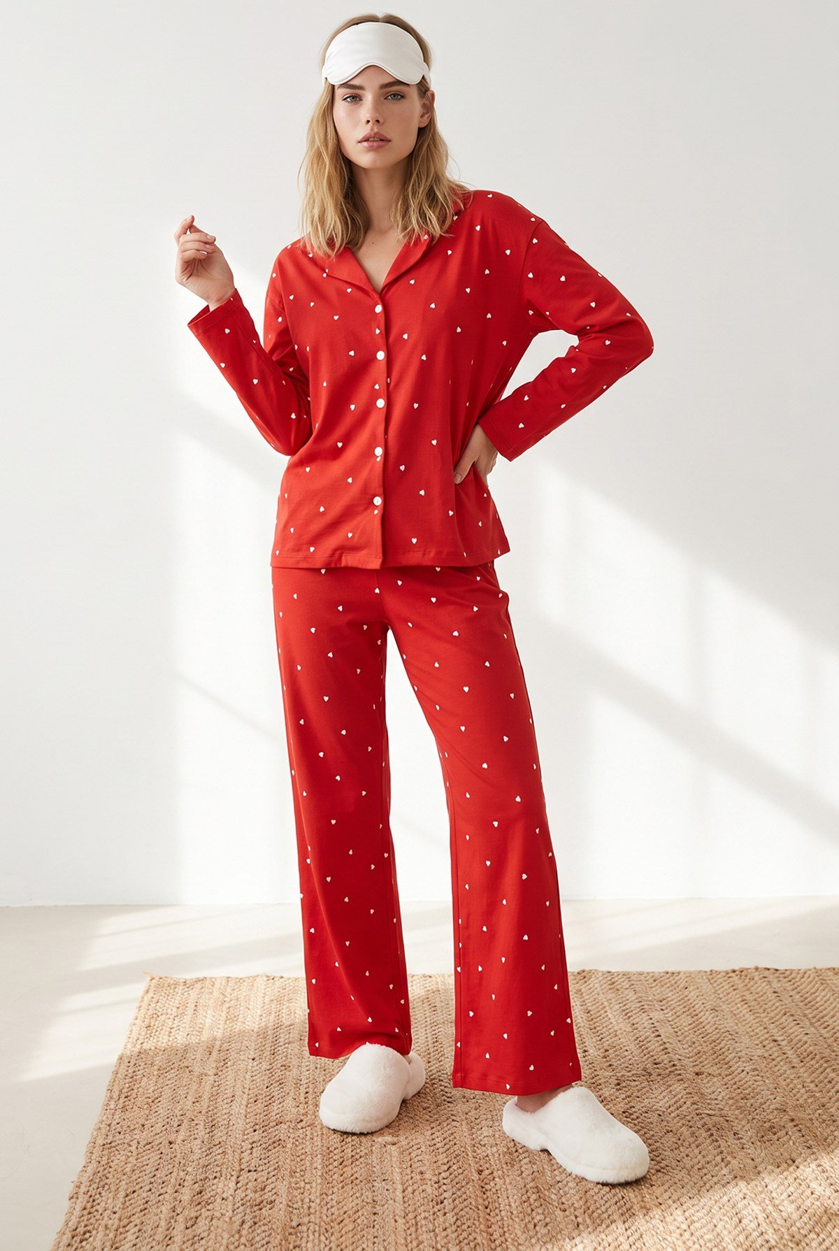 Düğmeli Uzun Kollu %100 Pamuk Pijama Takımı Kırmızı Kalp