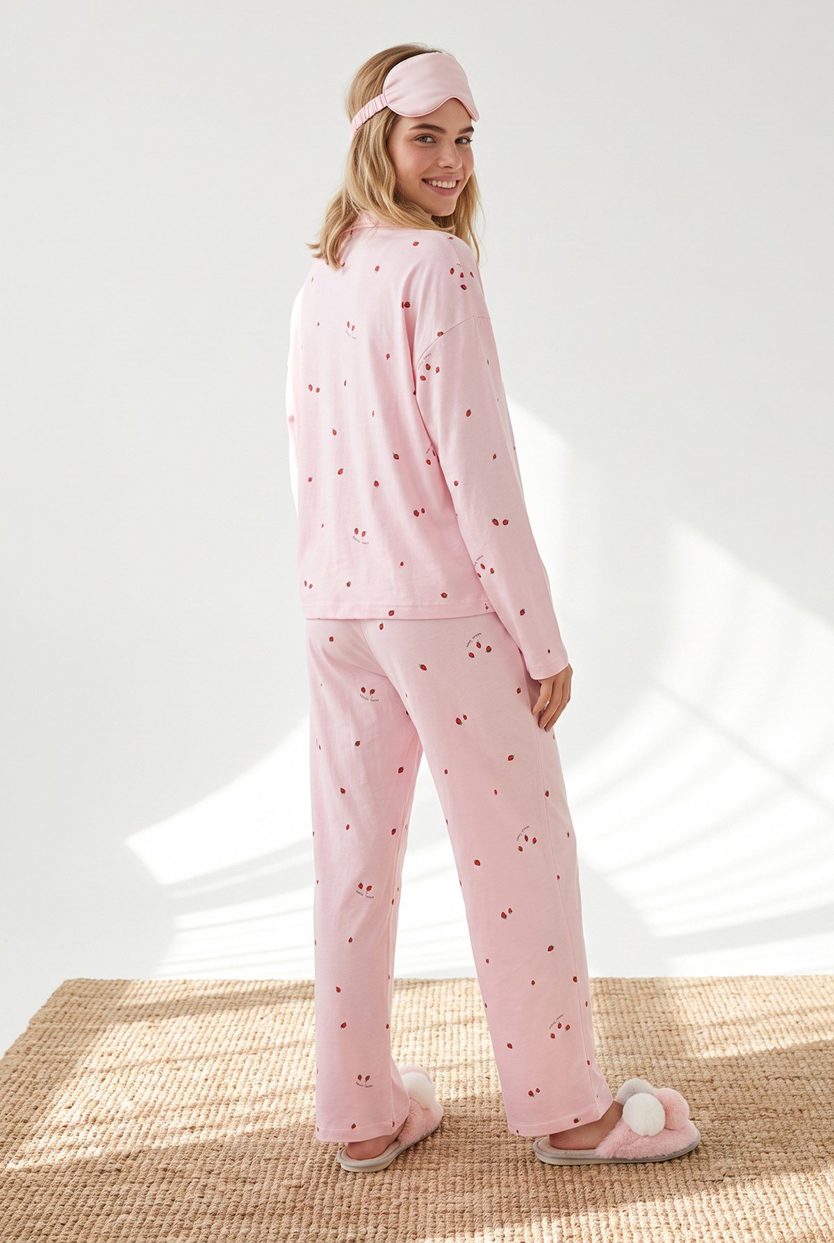Düğmeli Uzun Kollu %100 Pamuk Pijama Takımı Çilek Pembe