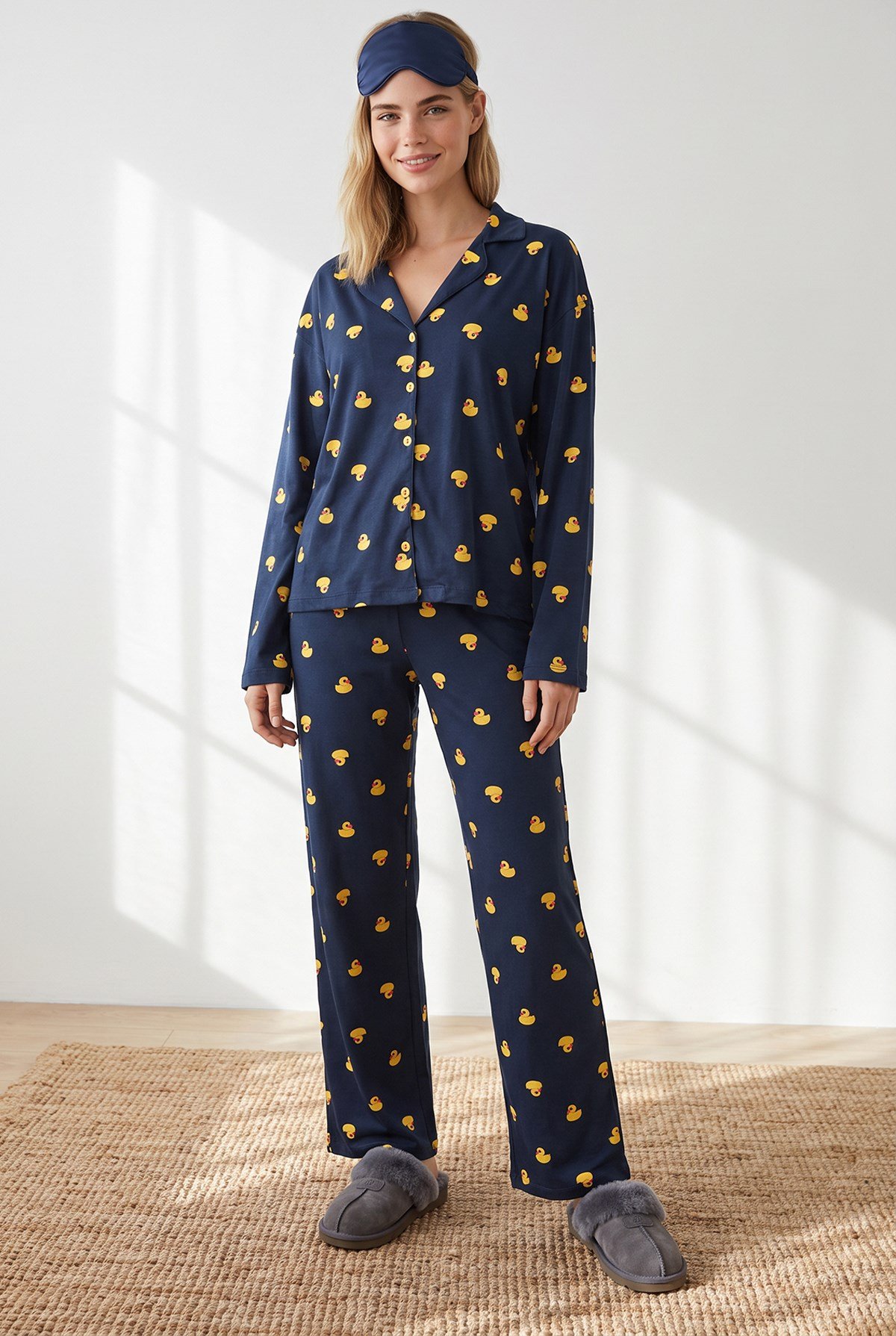 Düğmeli Uzun Kollu %100 Pamuk Pijama Takımı Ördek Lacivert