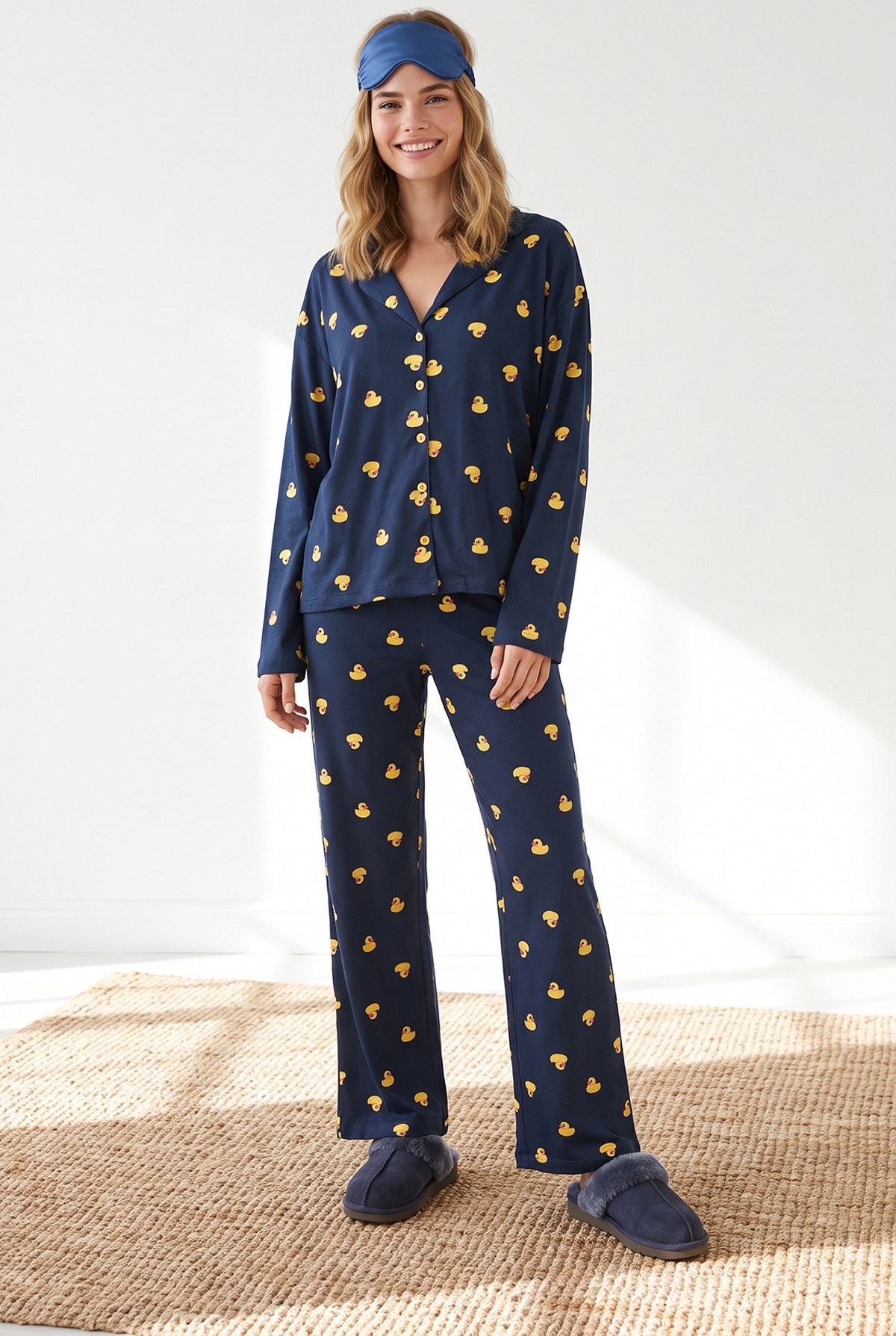 Düğmeli Uzun Kollu %100 Pamuk Pijama Takımı Ördek Lacivert